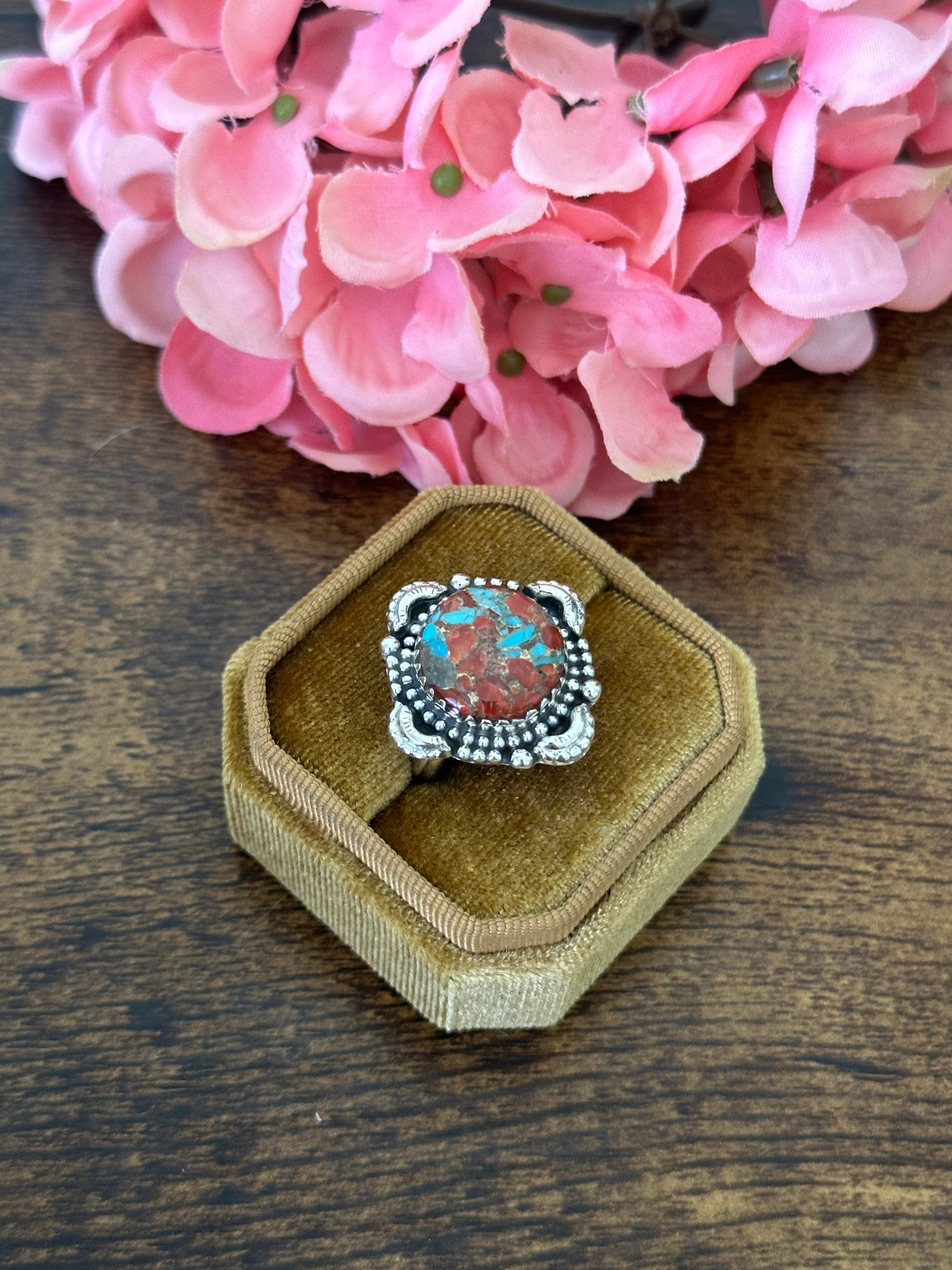 Southwest Handmade Red Mohave Turquoise & Sterling Silver Ring Size 7.75