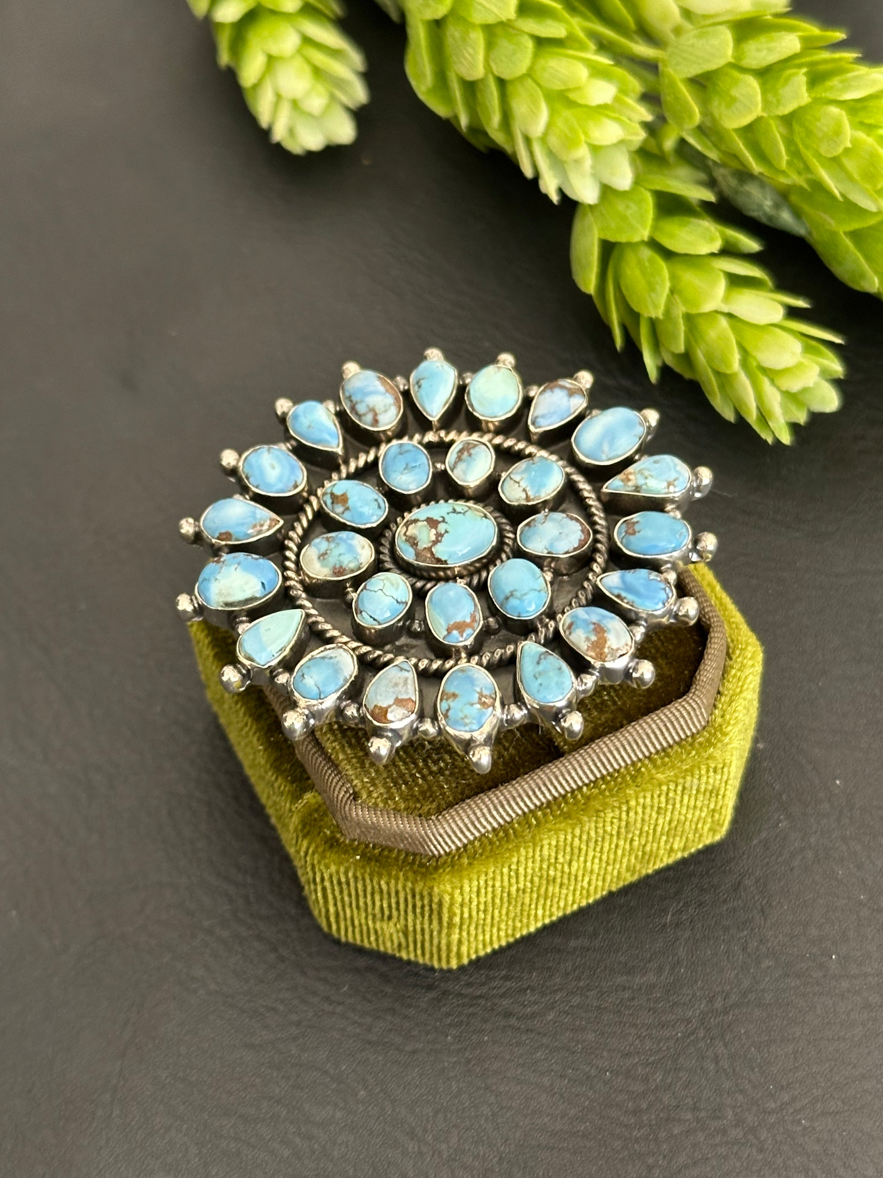 Southwest Handmade Golden Hills Turquoise & Sterling Silver Adjustable Cluster Ring