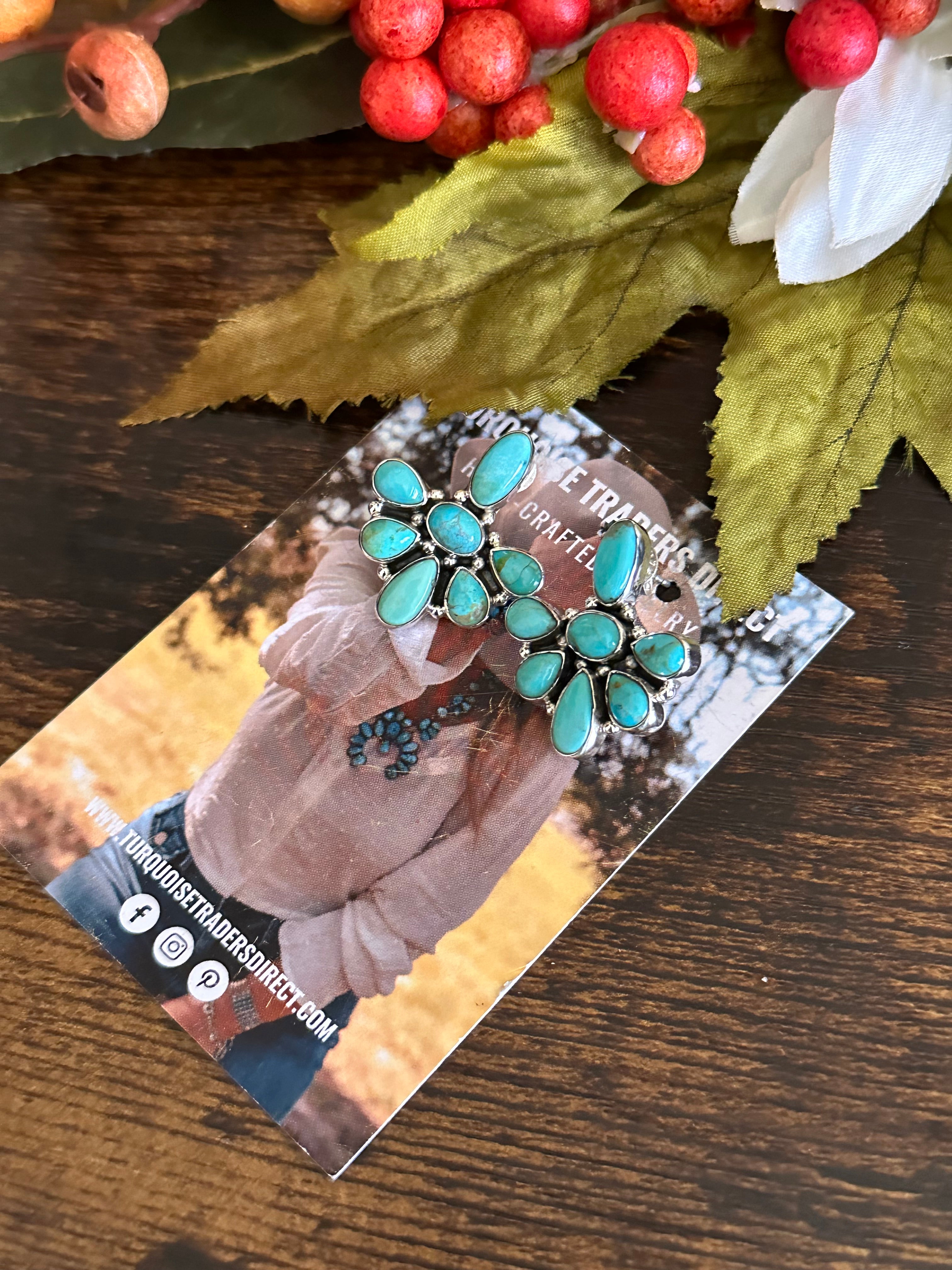 Southwest Handmade Kingman Turquoise & Sterling Silver Post Cluster Earrings