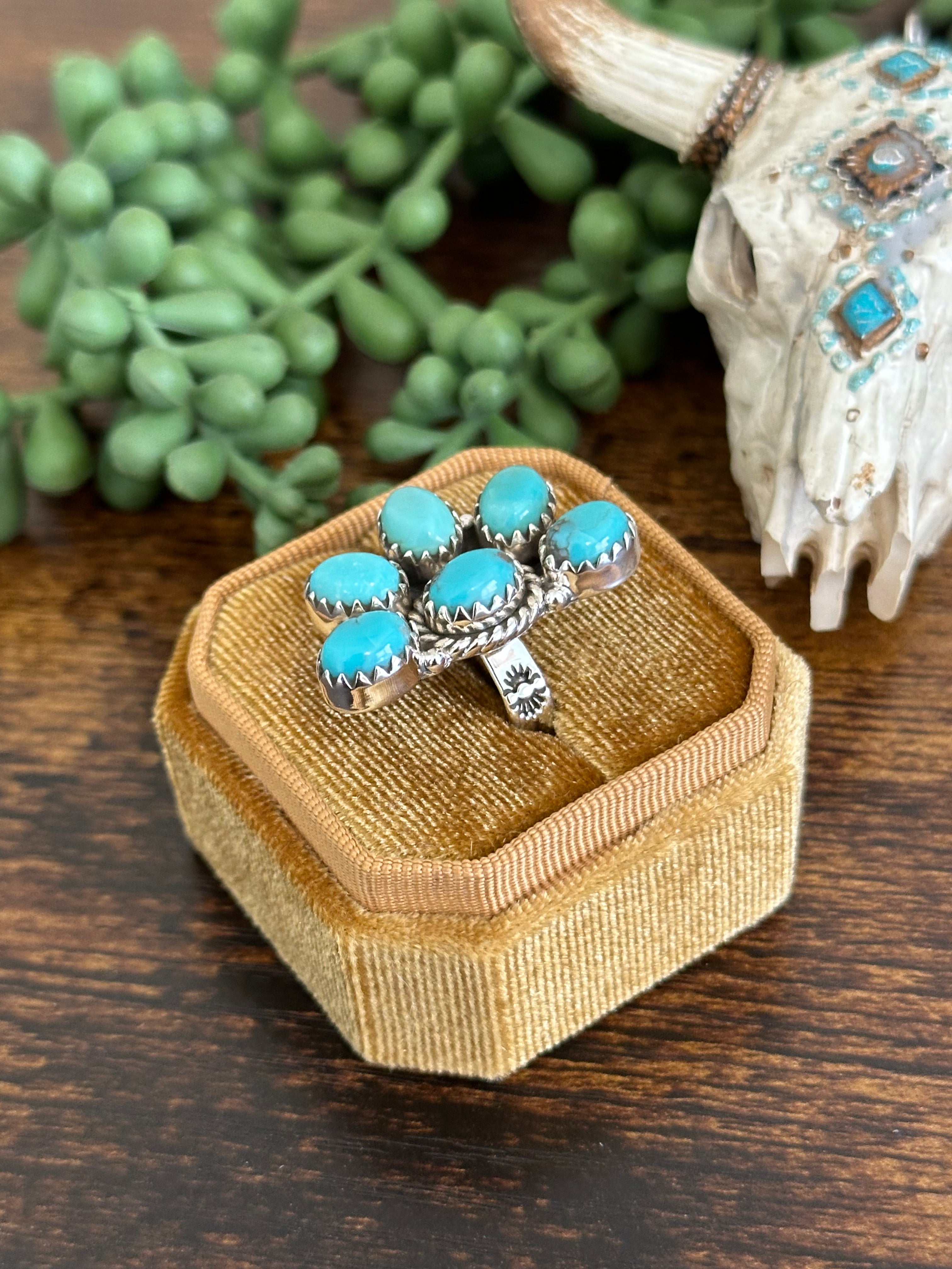 Southwest Handmade Kingman Turquoise & Sterling Silver Adjustable Cluster Ring