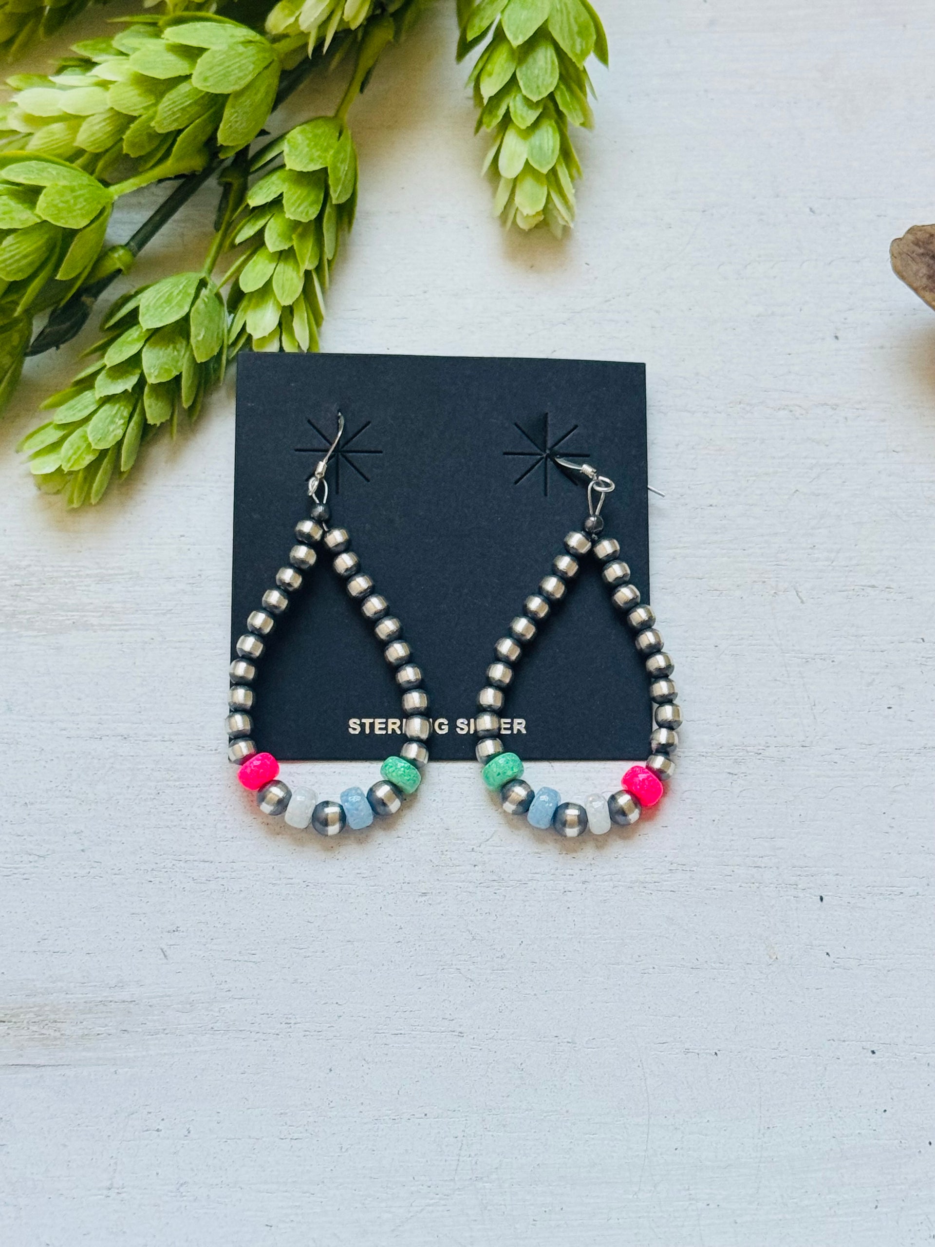 Navajo Strung Opal (Man Made) & Sterling Silver Graduated Pearl Dangle Earrings