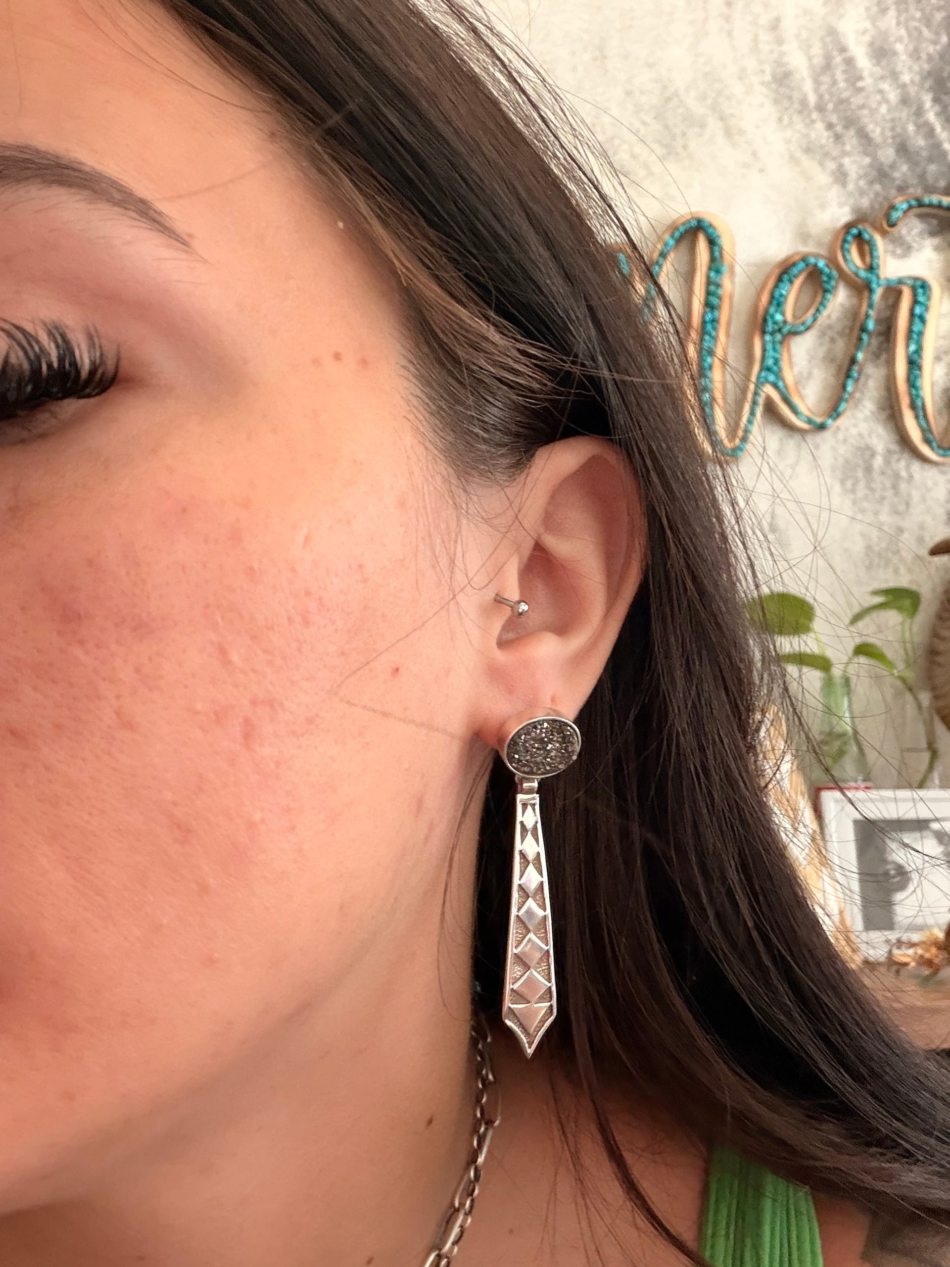 Navajo Made Druzy Stone & Sterling Silver Post Dangle Earrings
