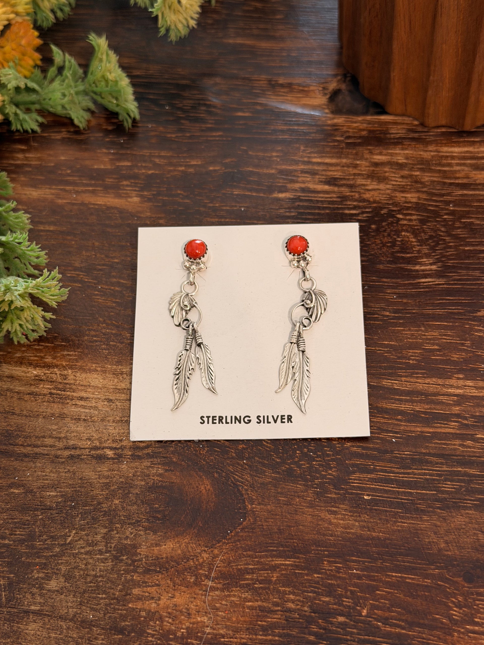Navajo Made Red Coral & Sterling Silver Post Dangle Feather Earrings