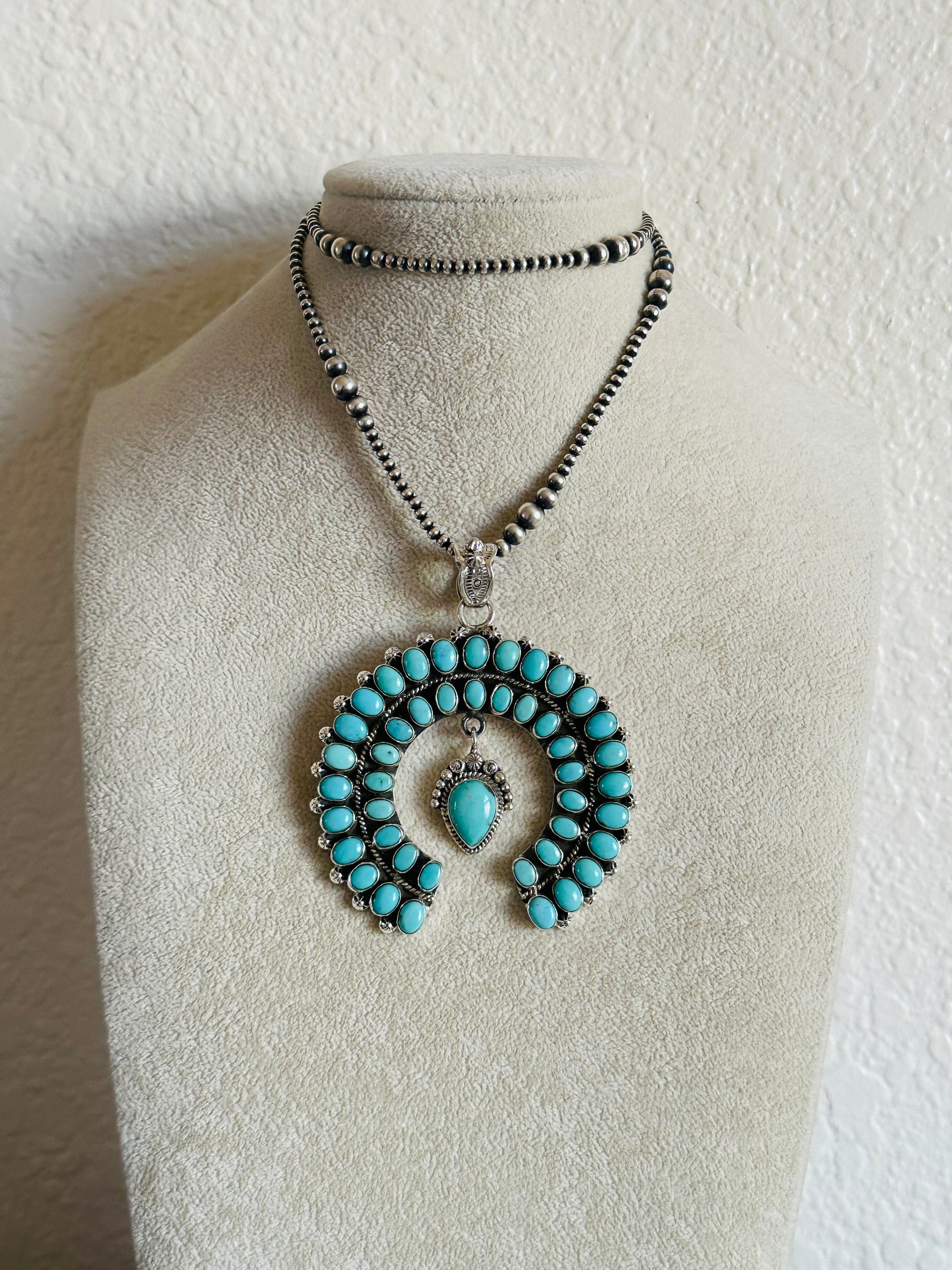 Southwest Handmade Kingman Turquoise & Sterling Silver Cluster Naja Pendant