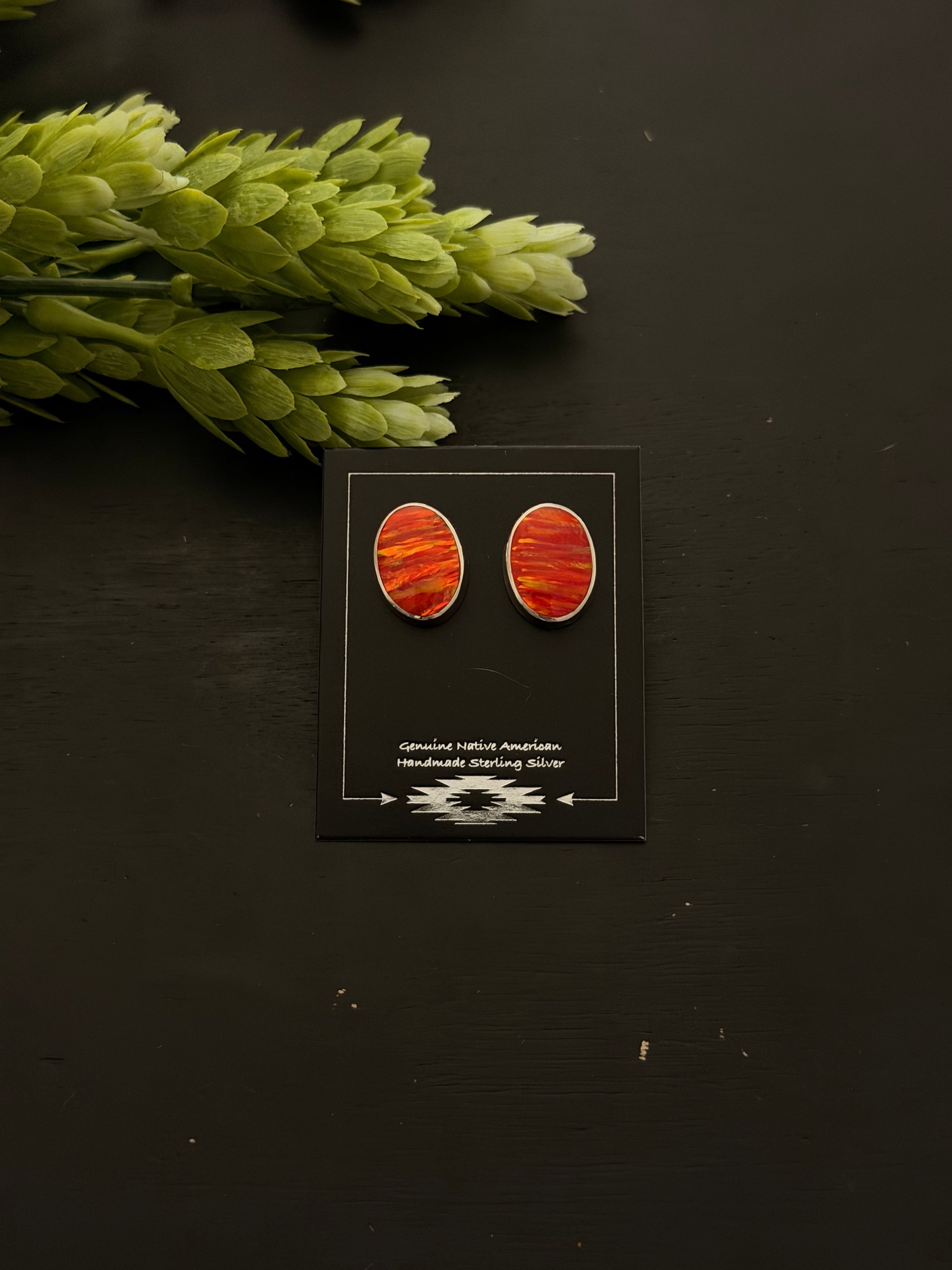 Navajo Made Orange Opal (Man Made) & Sterling Silver Post Earrings