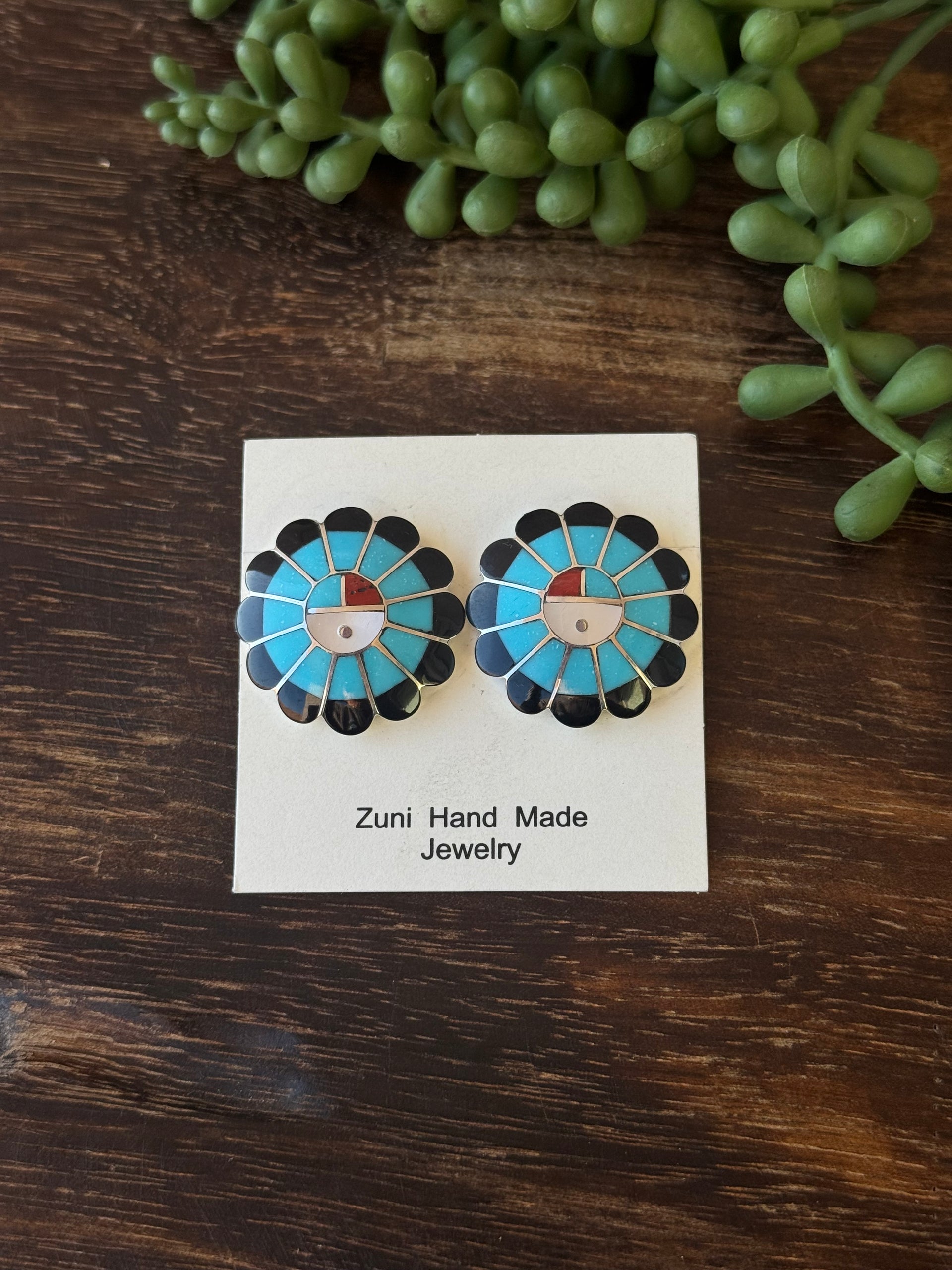 Zuni Made Multi Stone & Sterling Silver Inlay Sunface Post Earrings