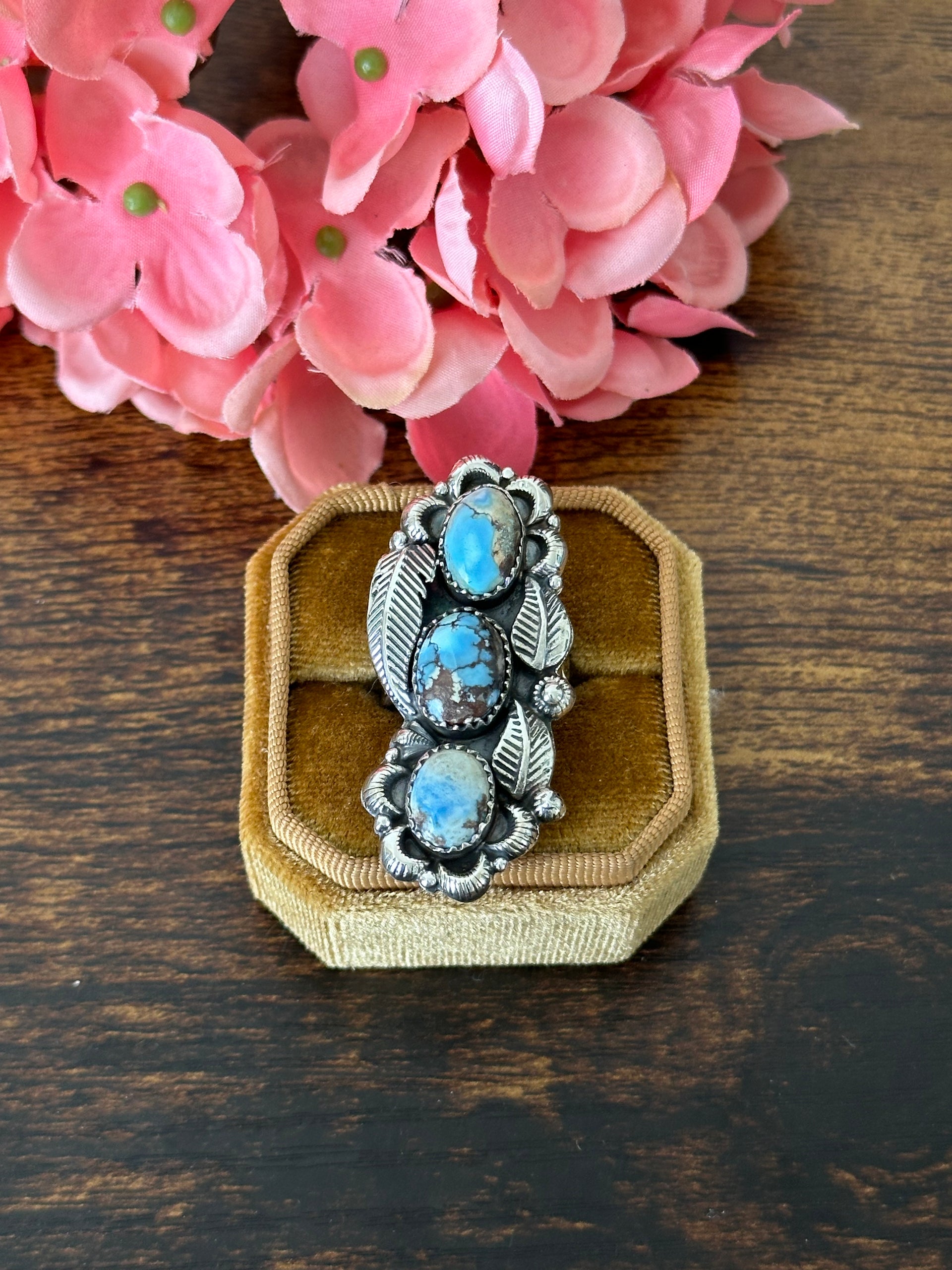 Southwest Handmade Golden Hills Turquoise & Sterling Silver Cluster Adjustable Ring