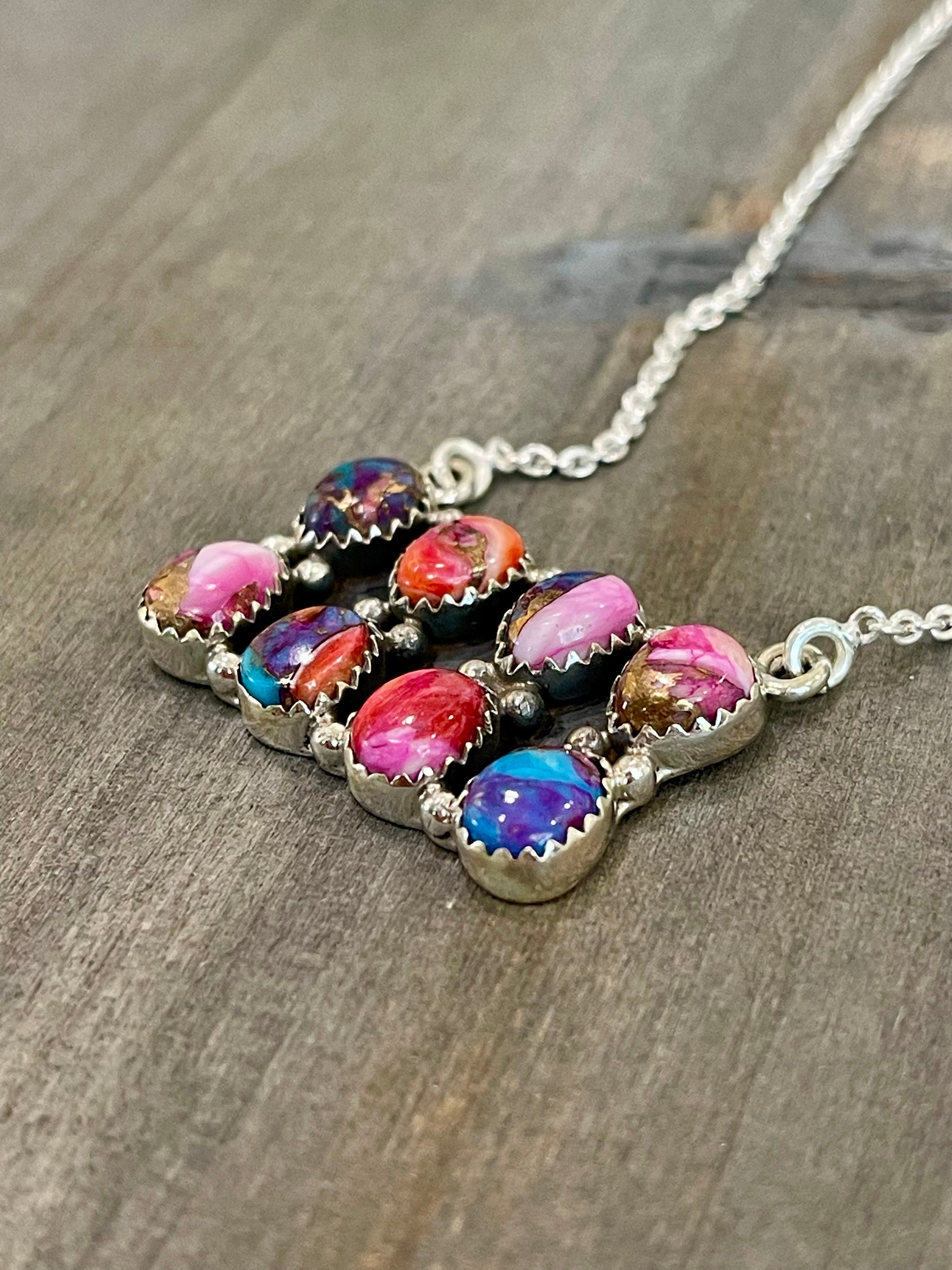 Southwest Handmade Pink Mohave & Sterling Silver Cluster Bar Necklace