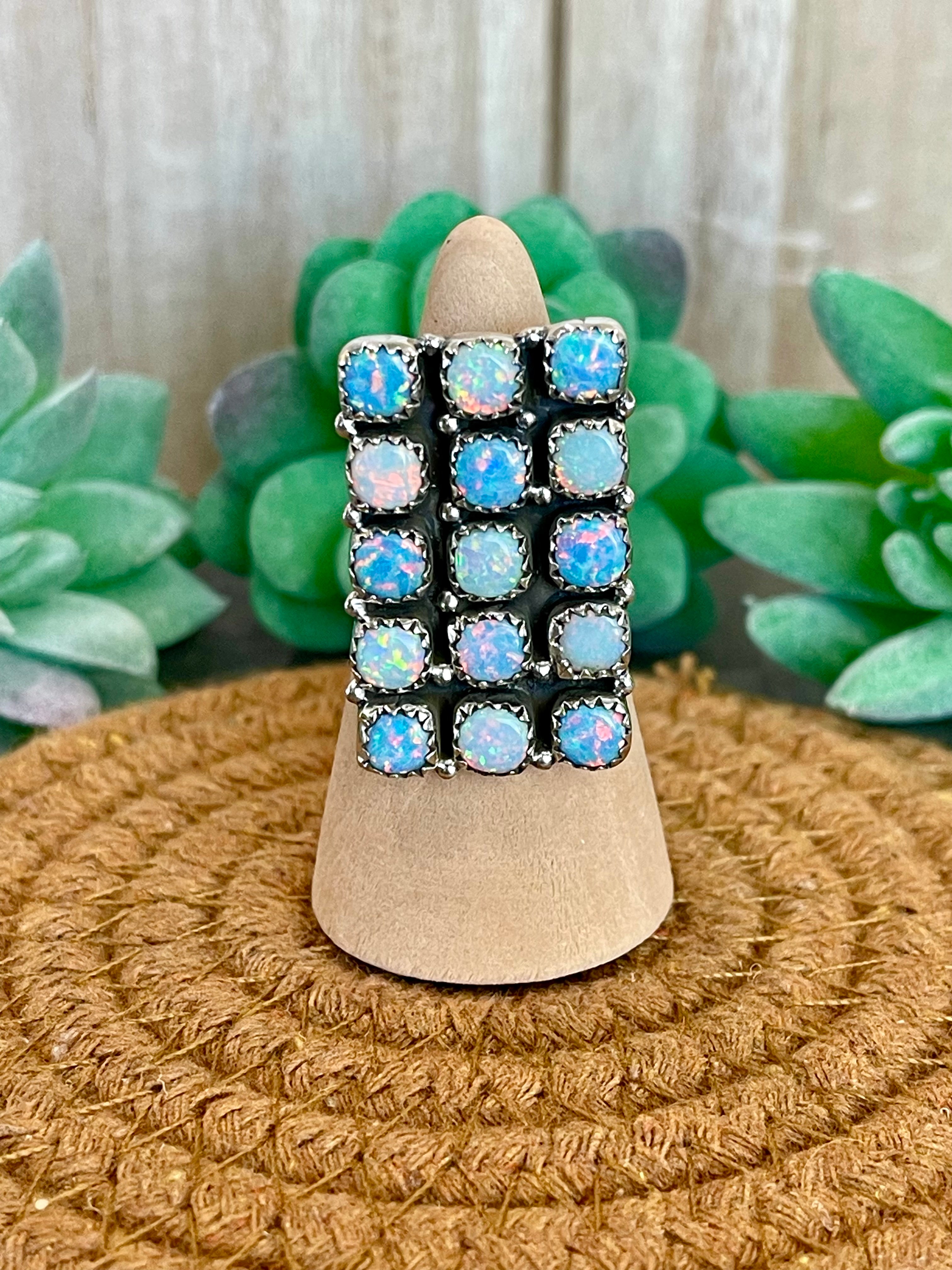 Southwest Handmade Blue Opal & Sterling Silver Adjustable Cluster Ring