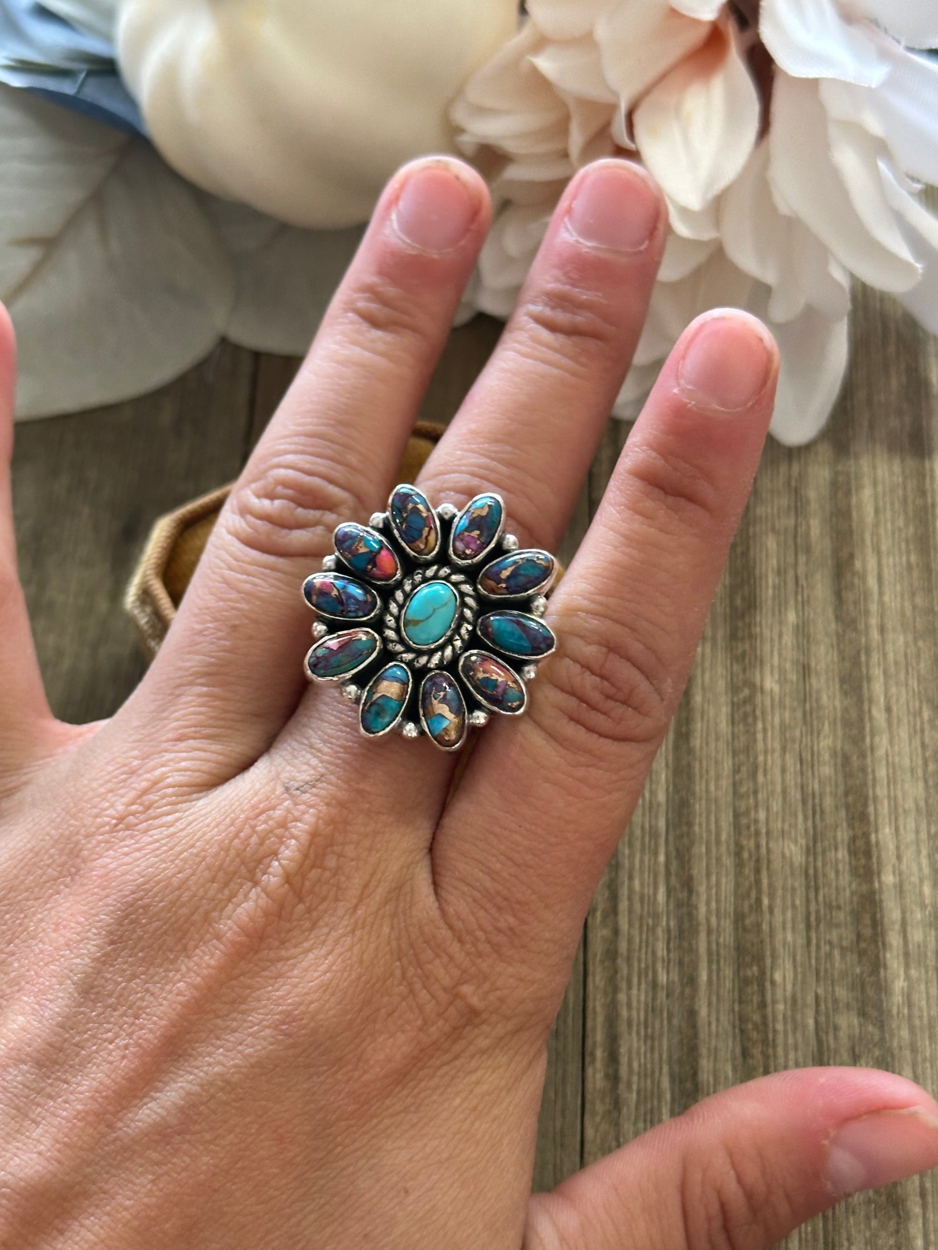 Southwest Handmade Mohave Turquoise & Sterling Silver Adjustable Cluster Ring