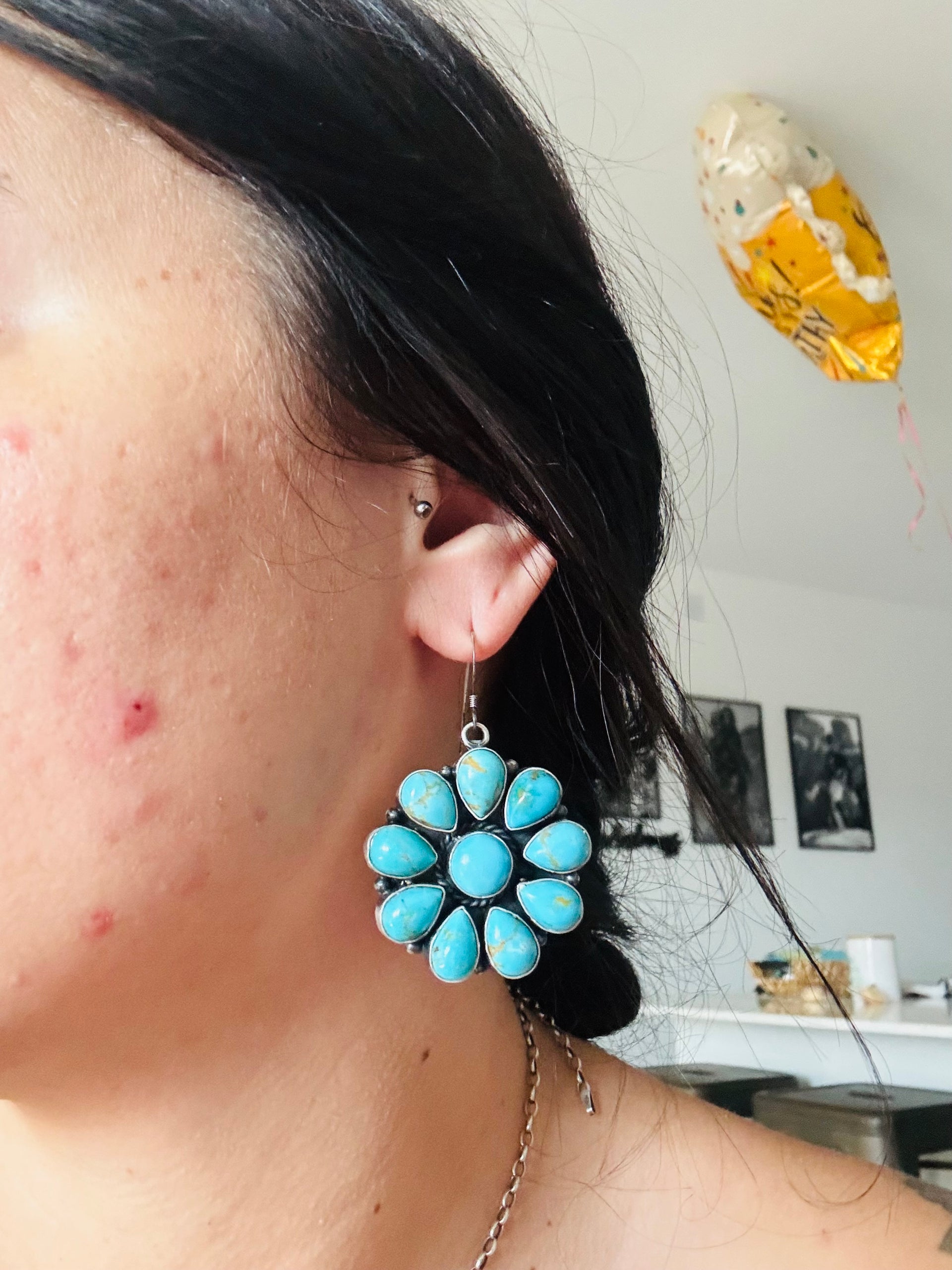 Annie Spencer Kingman Turquoise & Sterling Silver Cluster Dangle Earrings