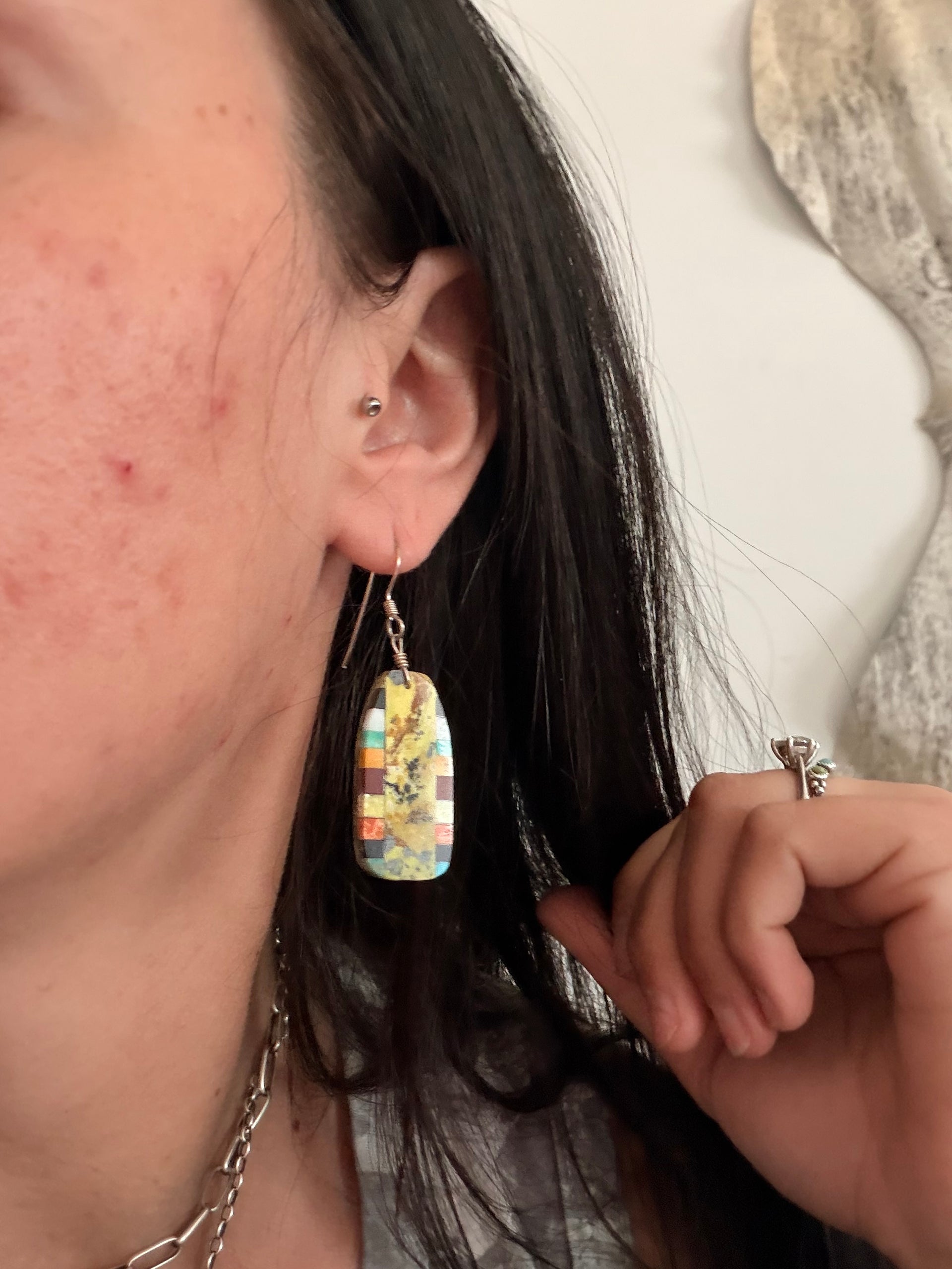 Rudy Cortiz Multi Stone & Sterling Silver Inlay Dangle Earrings