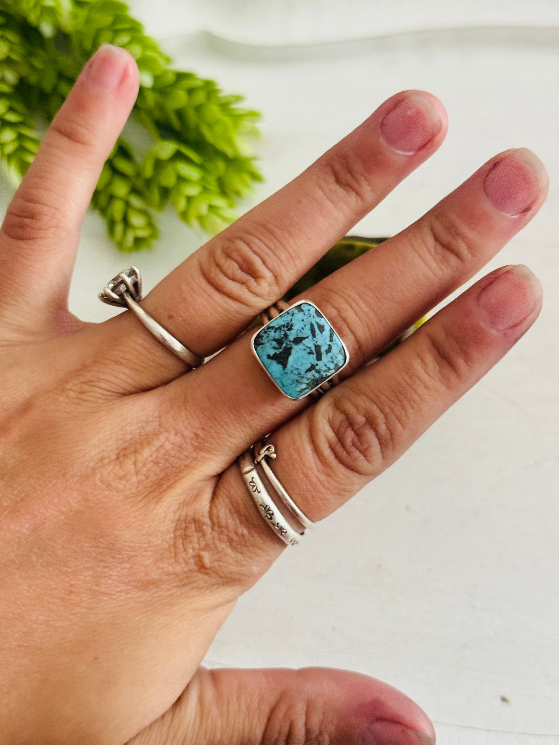 Southwest Made Kingman Turquoise & Sterling Sliver Ring Size 8.5