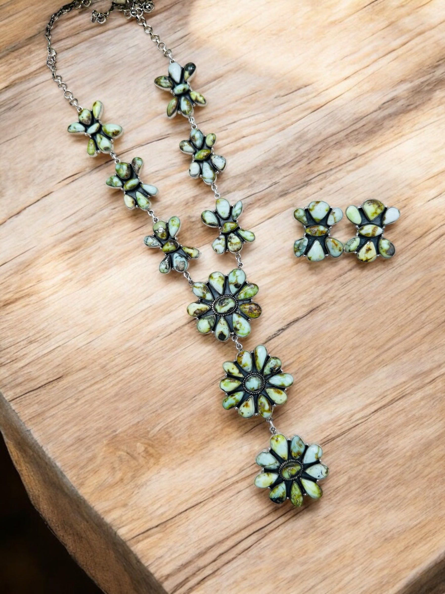 Southwest Made Palomino Variscite & Sterling Silver Cluster Necklace Set