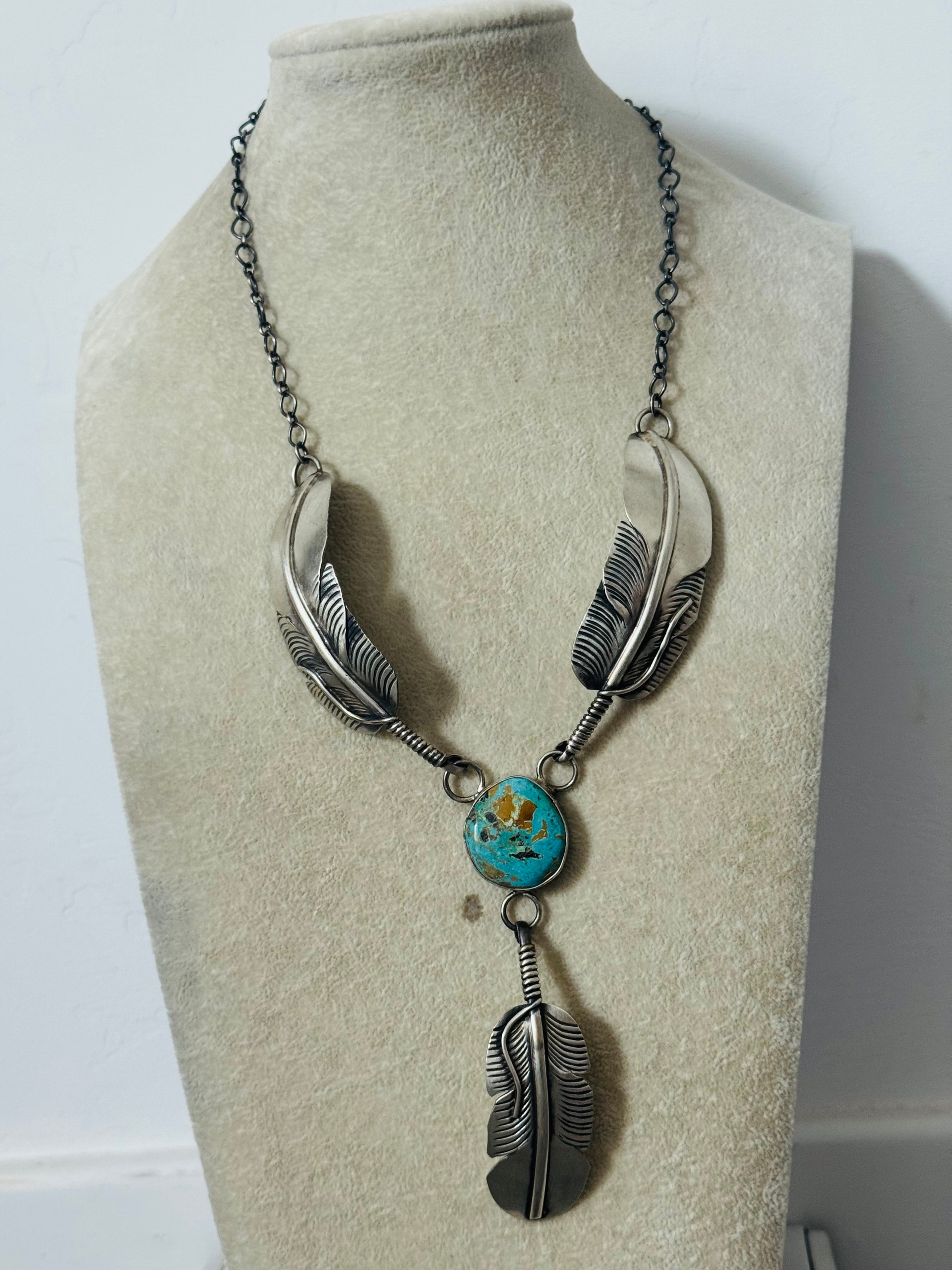 Navajo Made Royston Turquoise and Sterling Silver Feather Necklace