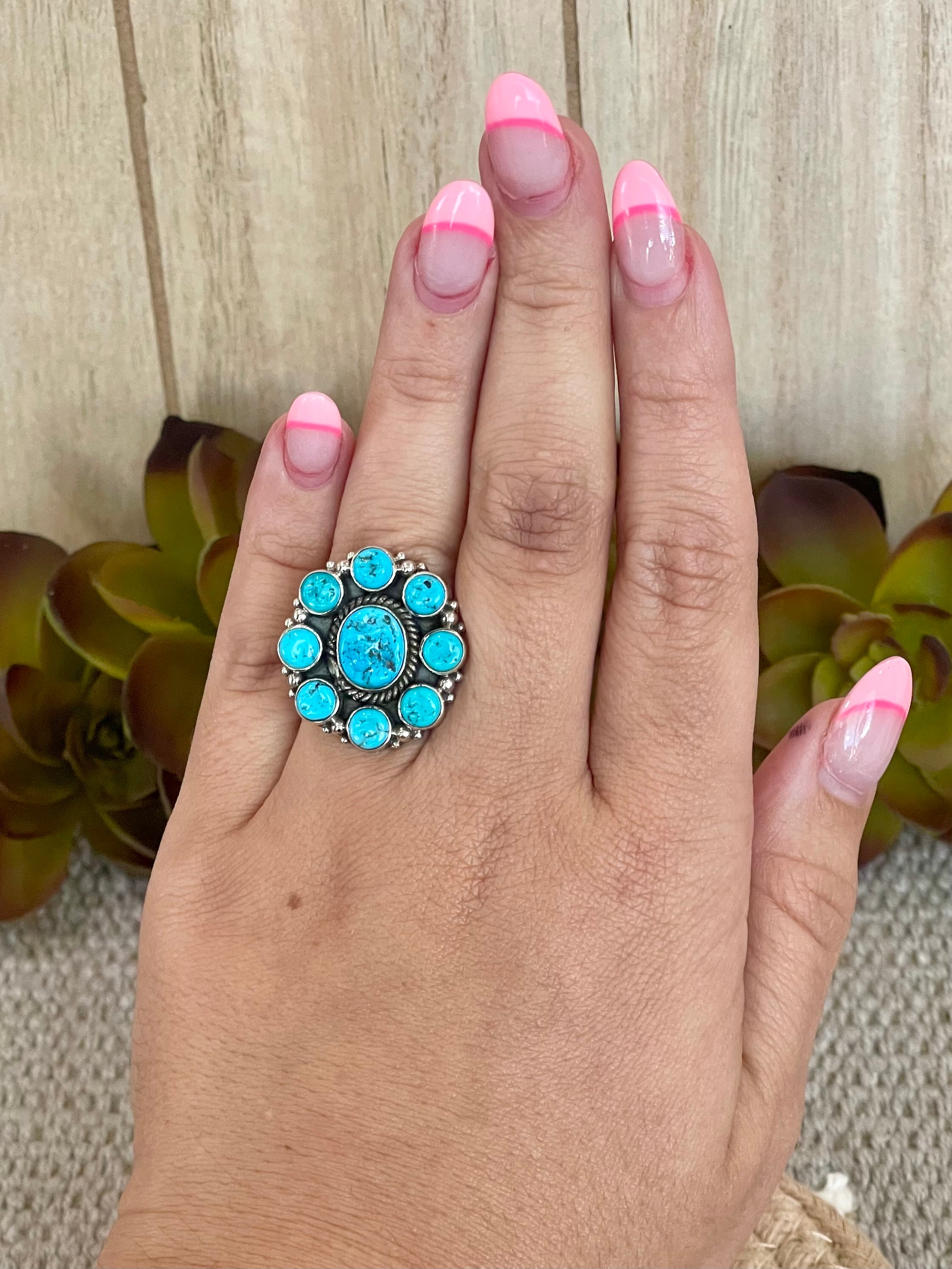 Southwest Handmade Kingman Turquoise & Sterling Silver Size 6.5 Cluster Flower Ring