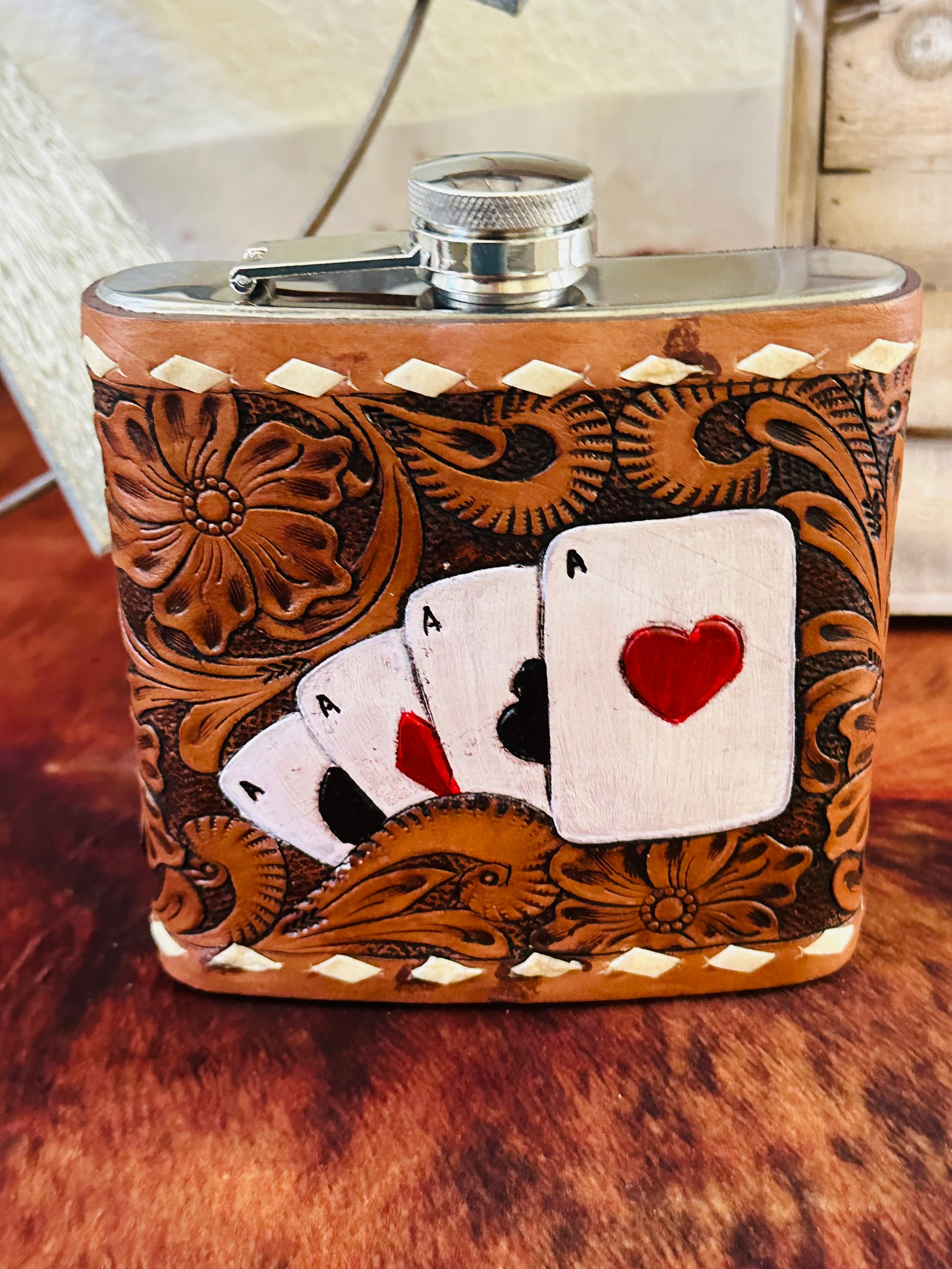 Genuine Tooled Leather 16 oz Flask