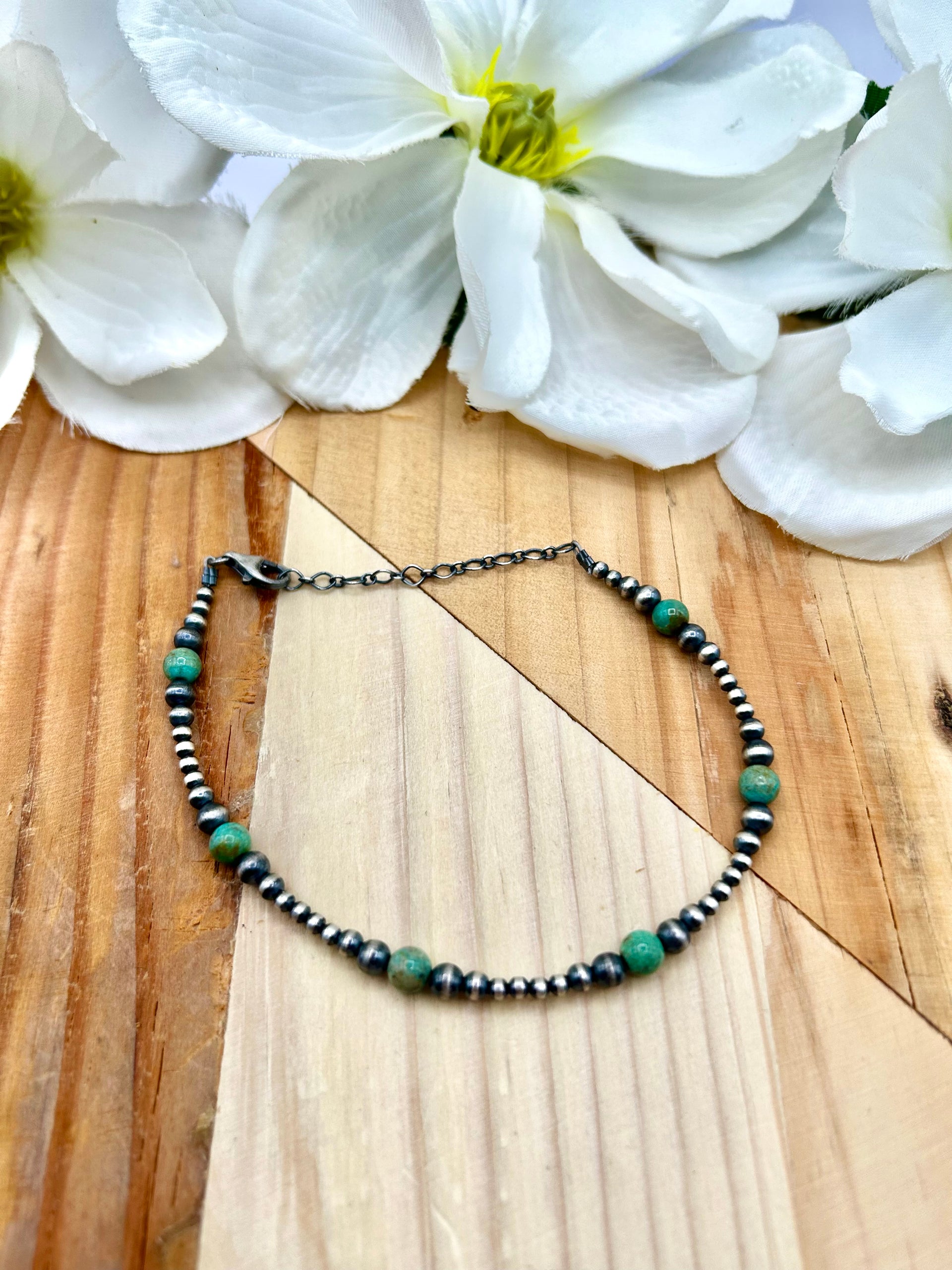 Navajo Made Kingman Turquoise & Sterling Silver Strung Anklet