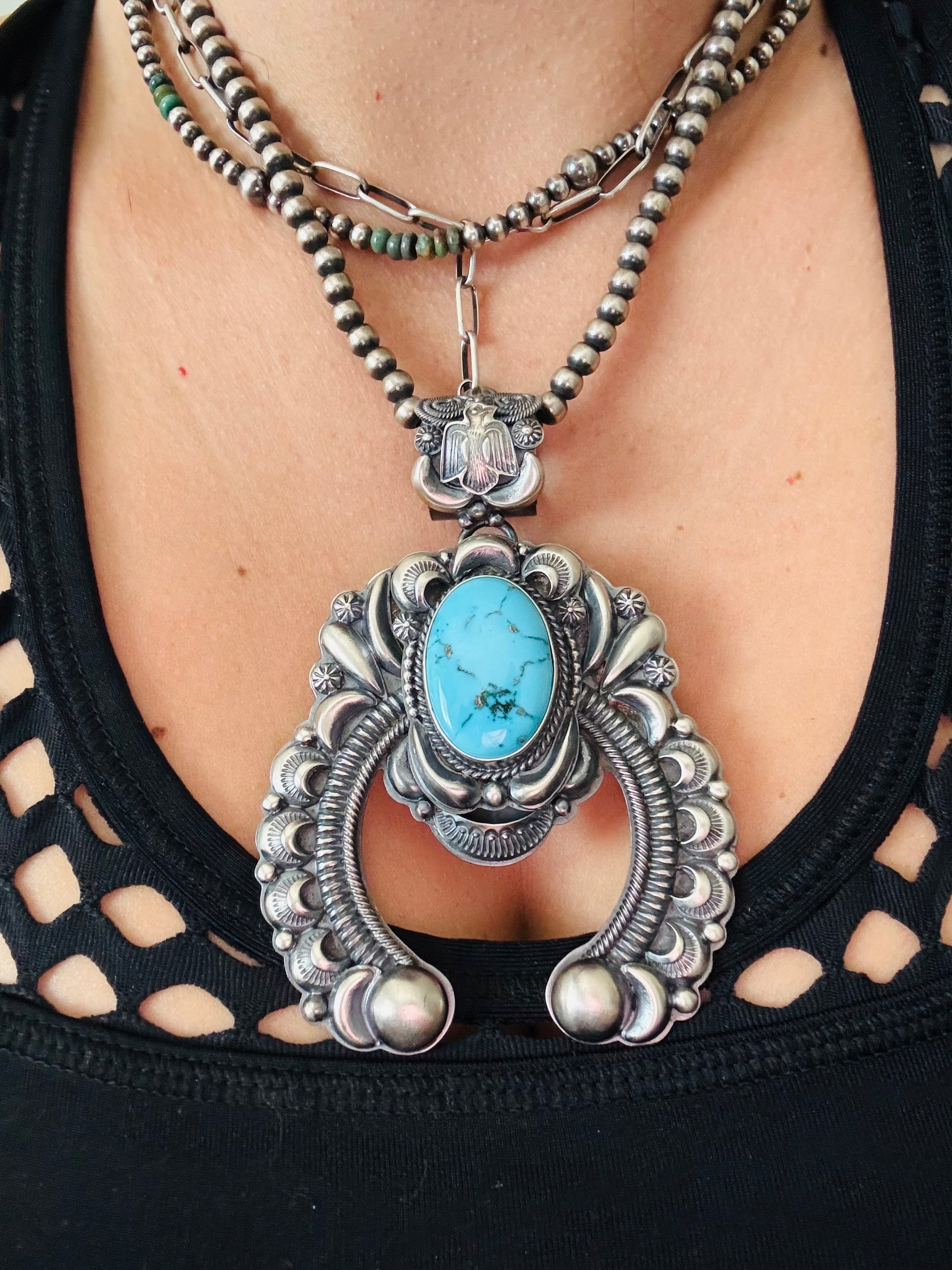 Derek Gordon Natural Morenci Turquoise & Sterling Silver Naja Pendant