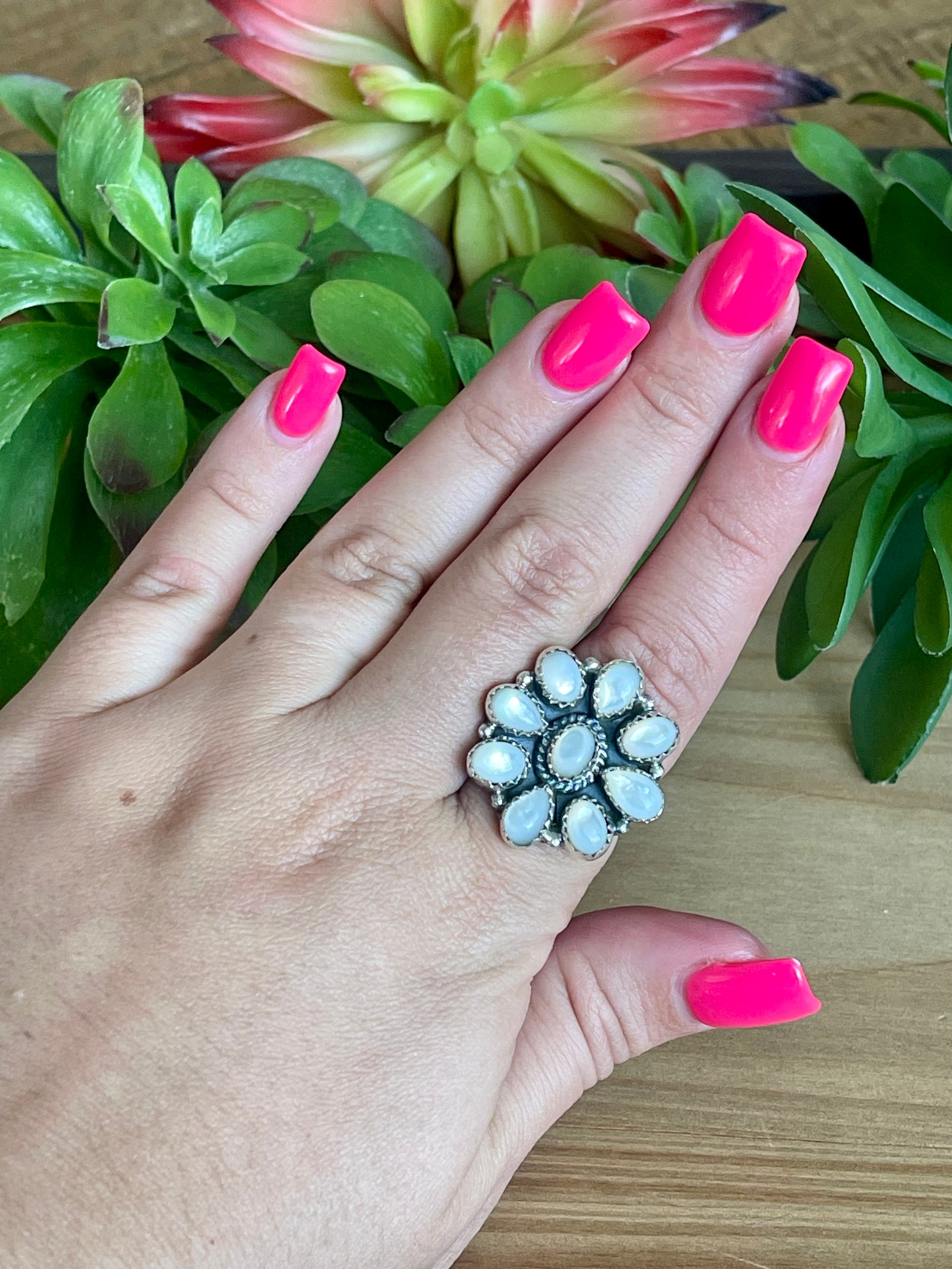 Southwest Handmade Mother of Pearl & Sterling Silver Adjustable Cluster Flower Ring