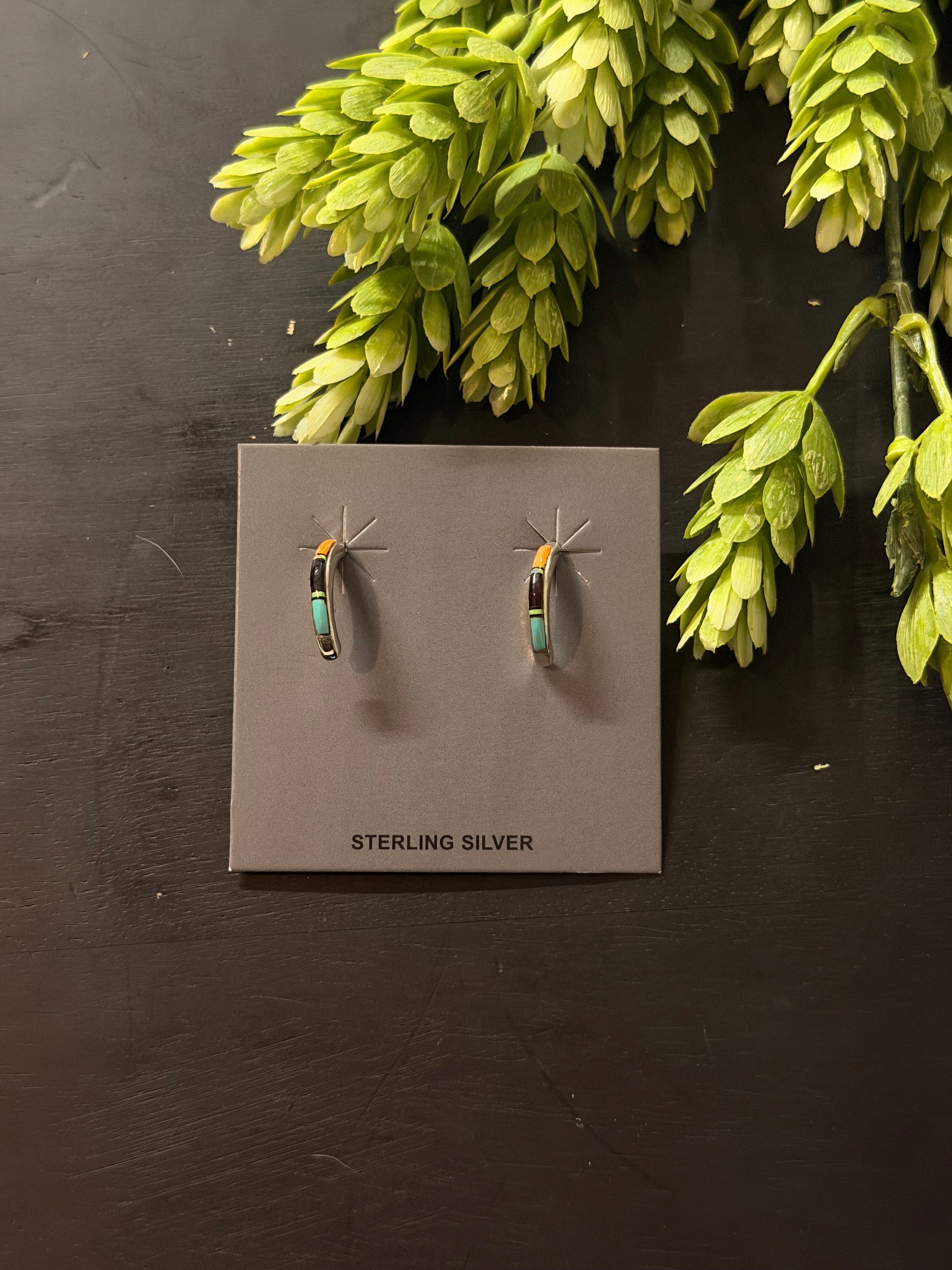 Navajo Made Multi Stone & Sterling Silver Inlay Post Earrings