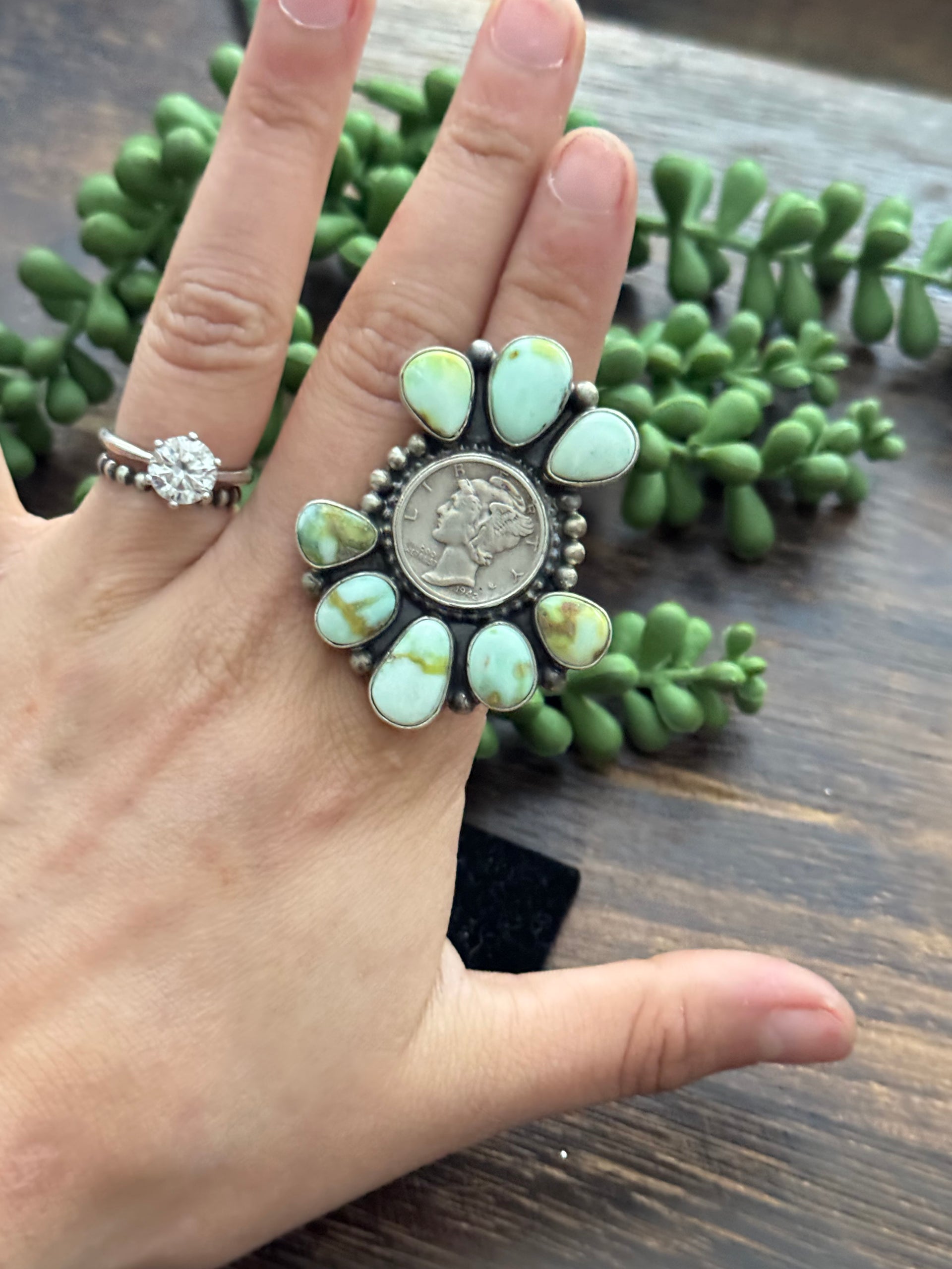 Dave Skeets Palomino Variscite & Sterling Silver Cluster Liberty Coin Ring Size 8.5