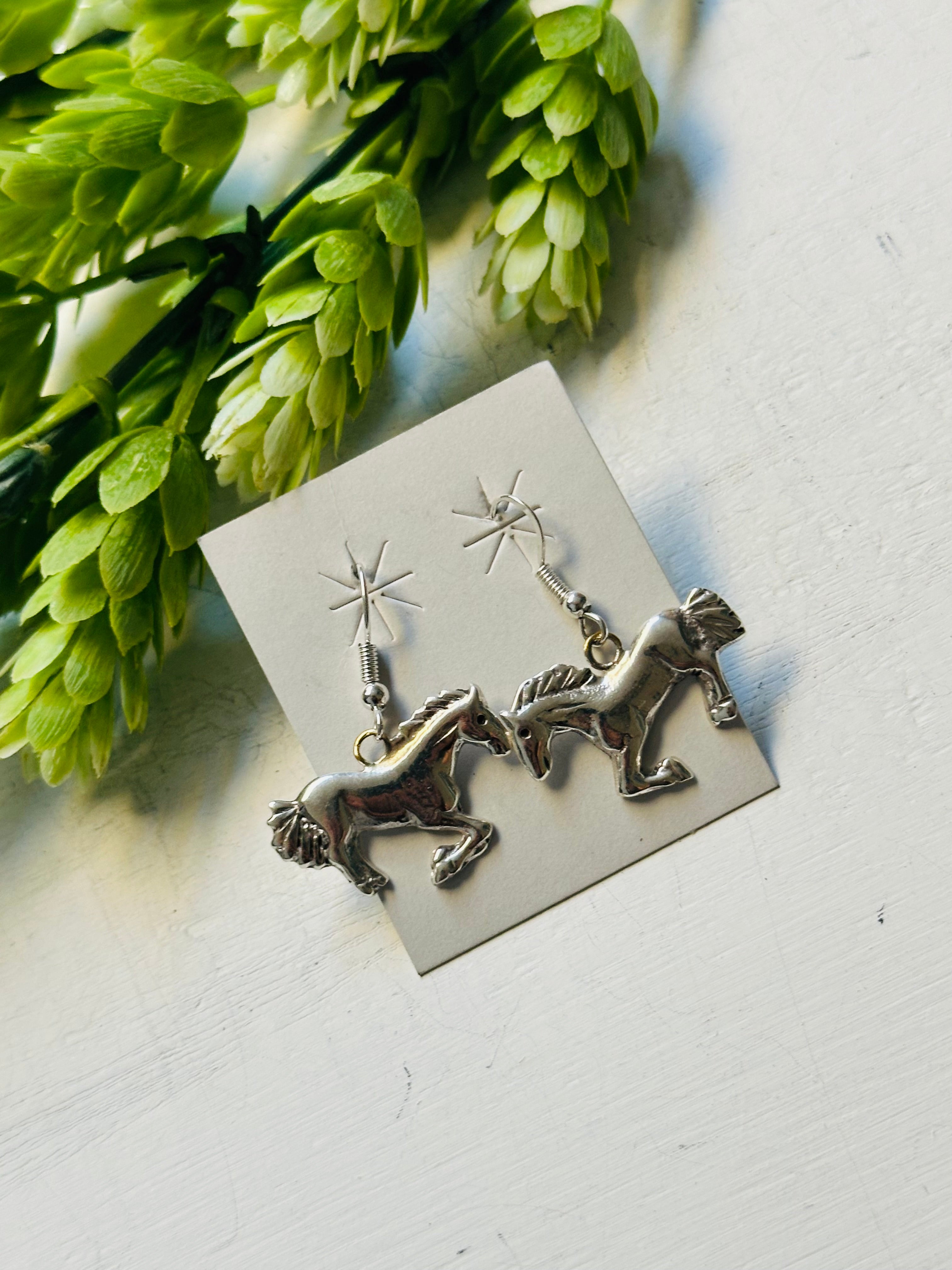 Navajo Made Sterling Silver Dangle Horse Earrings