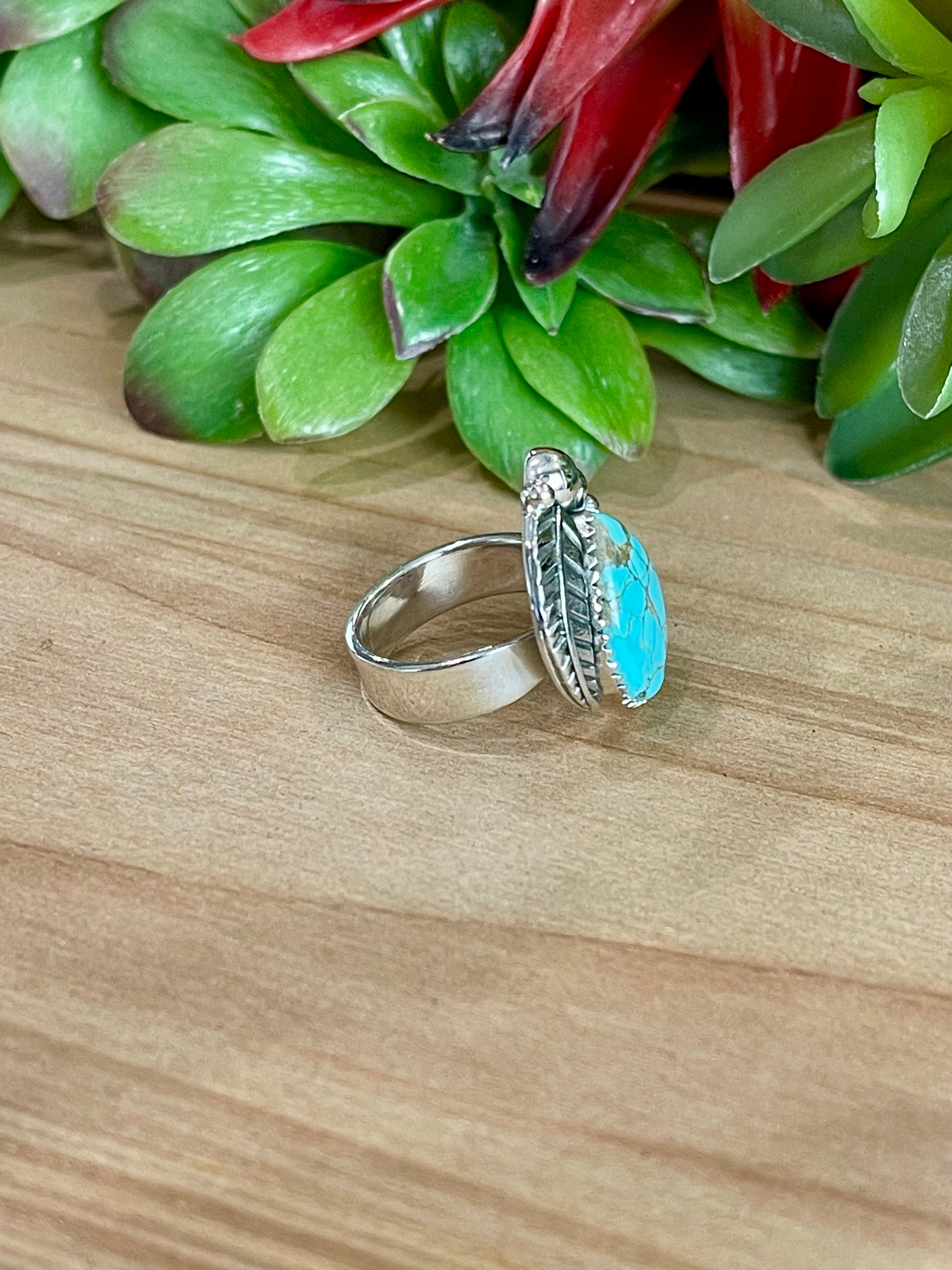 Southwest Number 8 Turquoise & Sterling Silver Adjustable Feather Ring