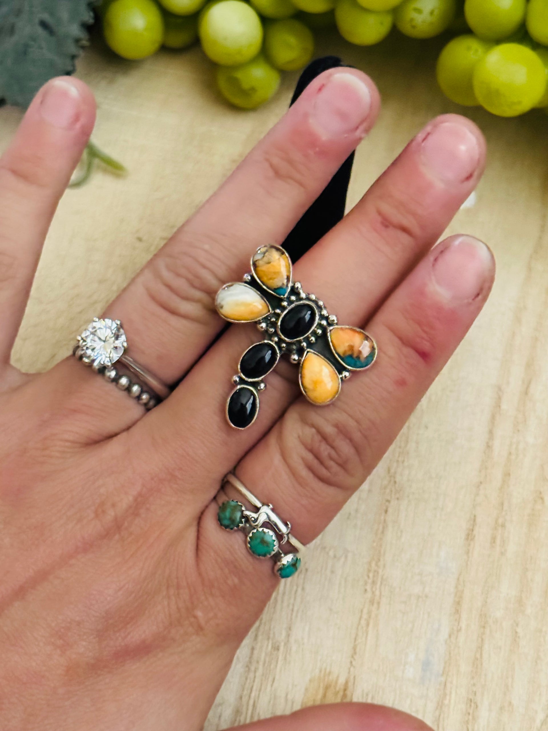 Southwest Handmade Multi Stone & Sterling Silver Adjustable Cluster Ring