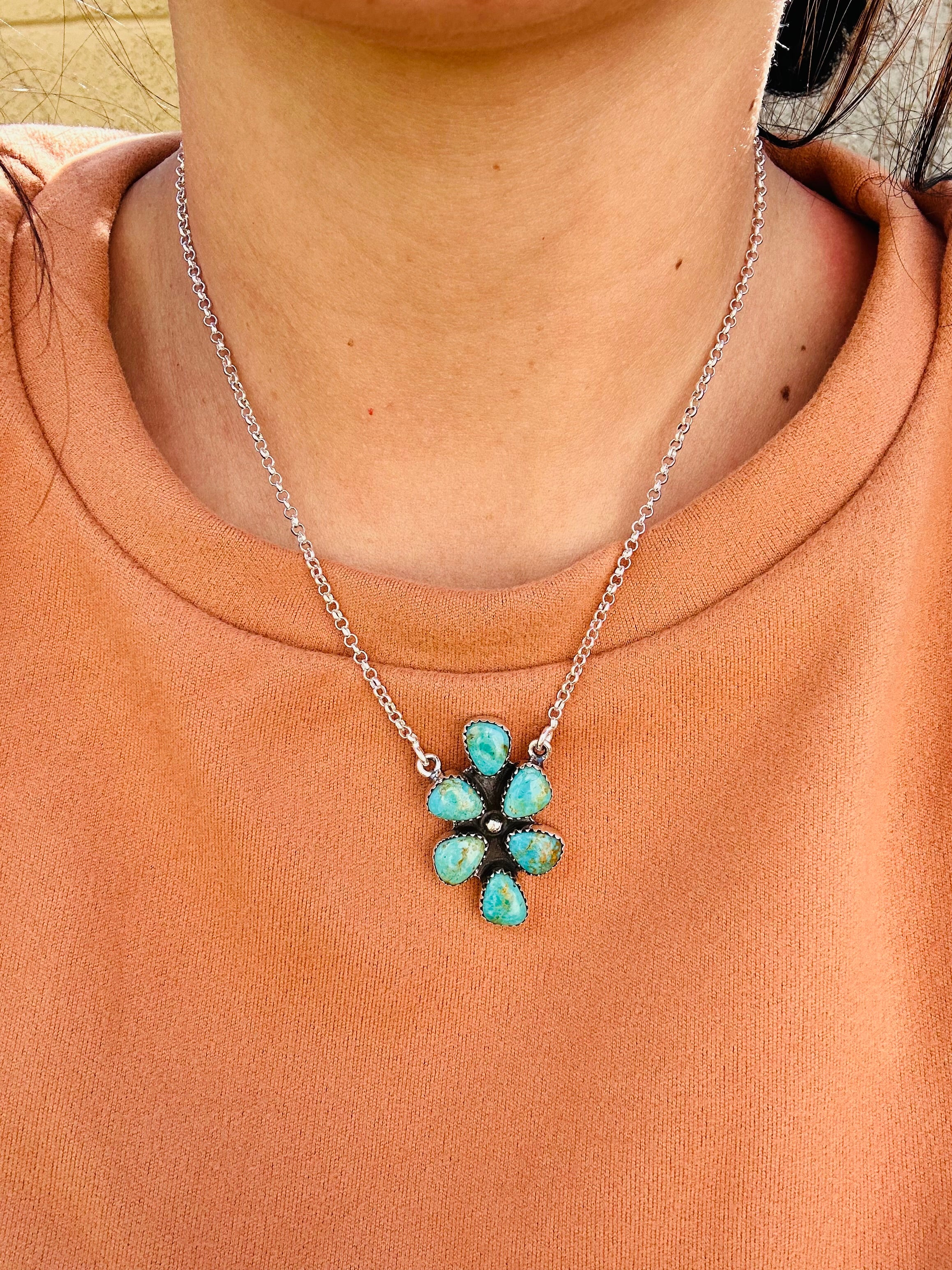 Southwest Handmade Kingman Turquoise & Sterling Silver Cluster Necklace