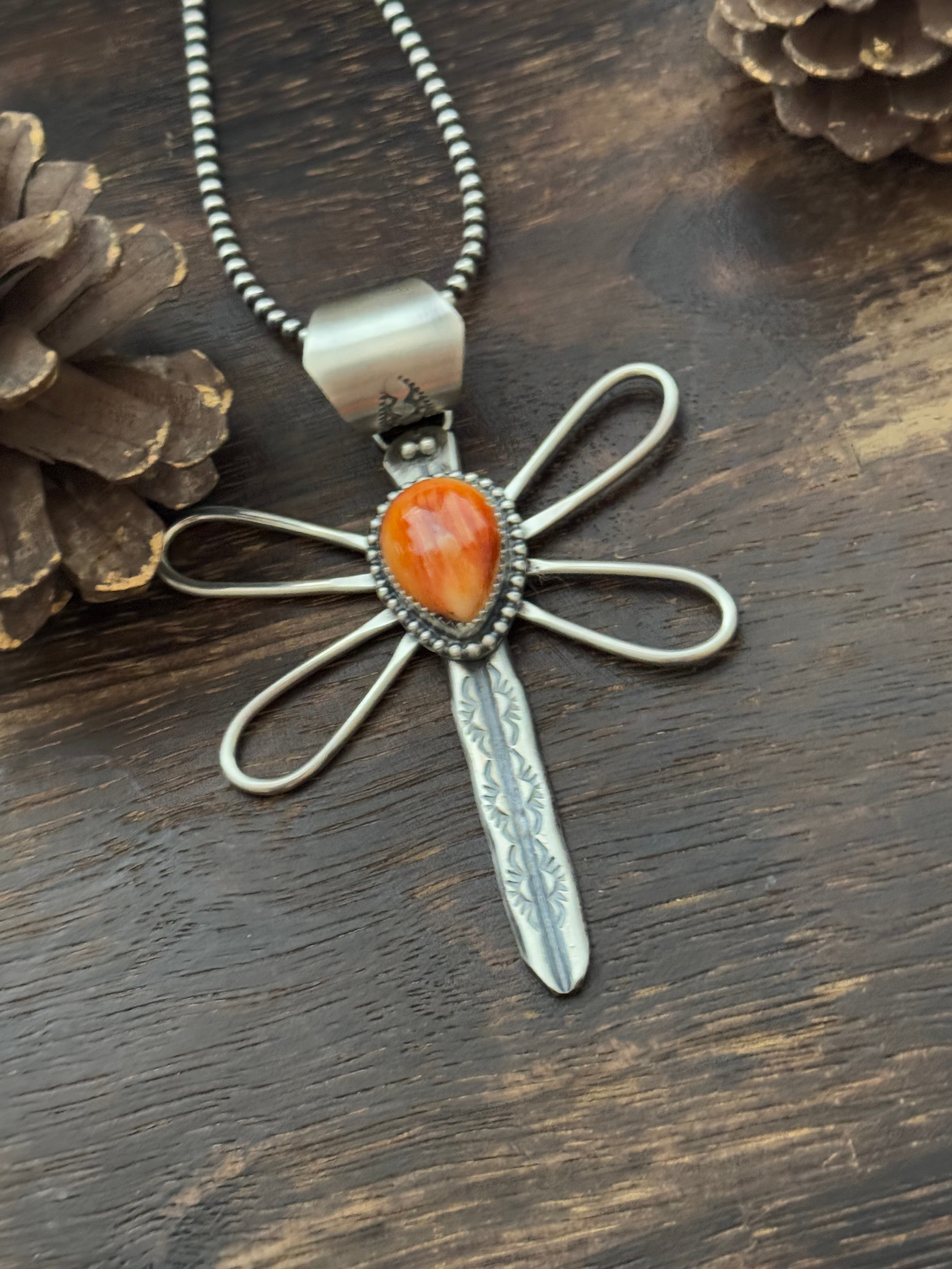 Delbert Secatero Spiny Oyster & Sterling Silver Dragonfly Pendant