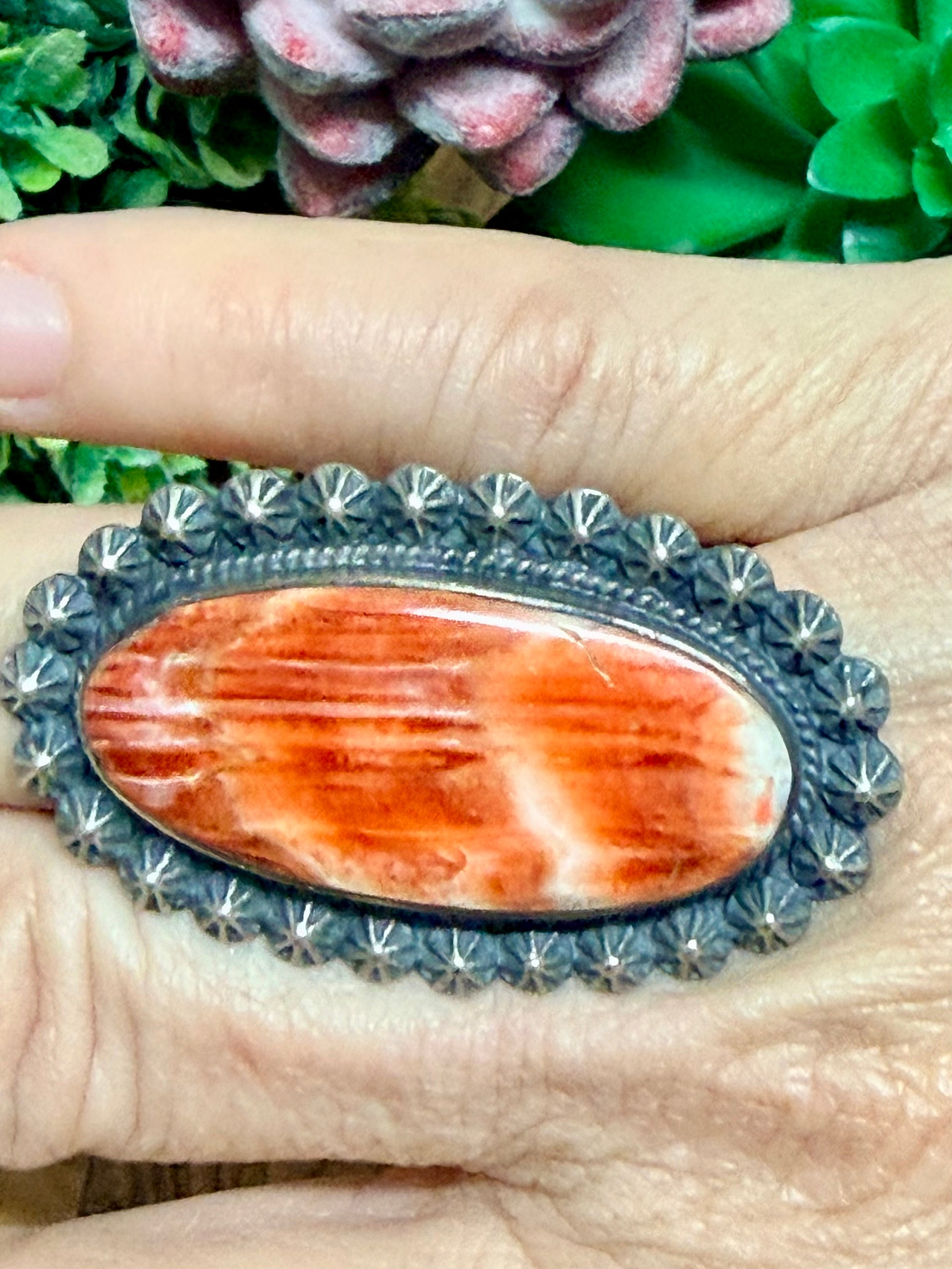 Southwest Handmade Red Spiny Oyster & Sterling Silver Ring Size 10.25