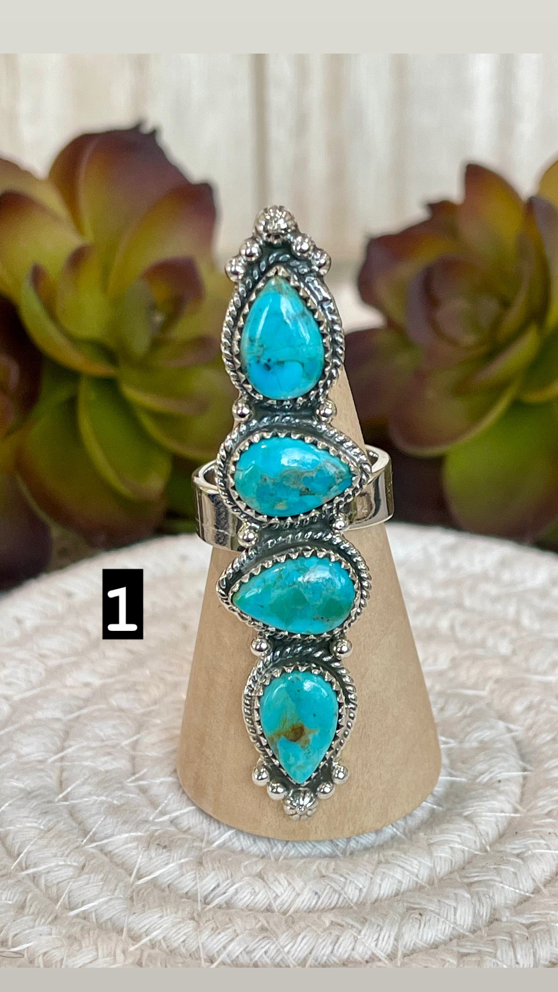 Southwest Handmade Kingman Turquoise & Sterling Silver Adjustable 4 Stone Ring