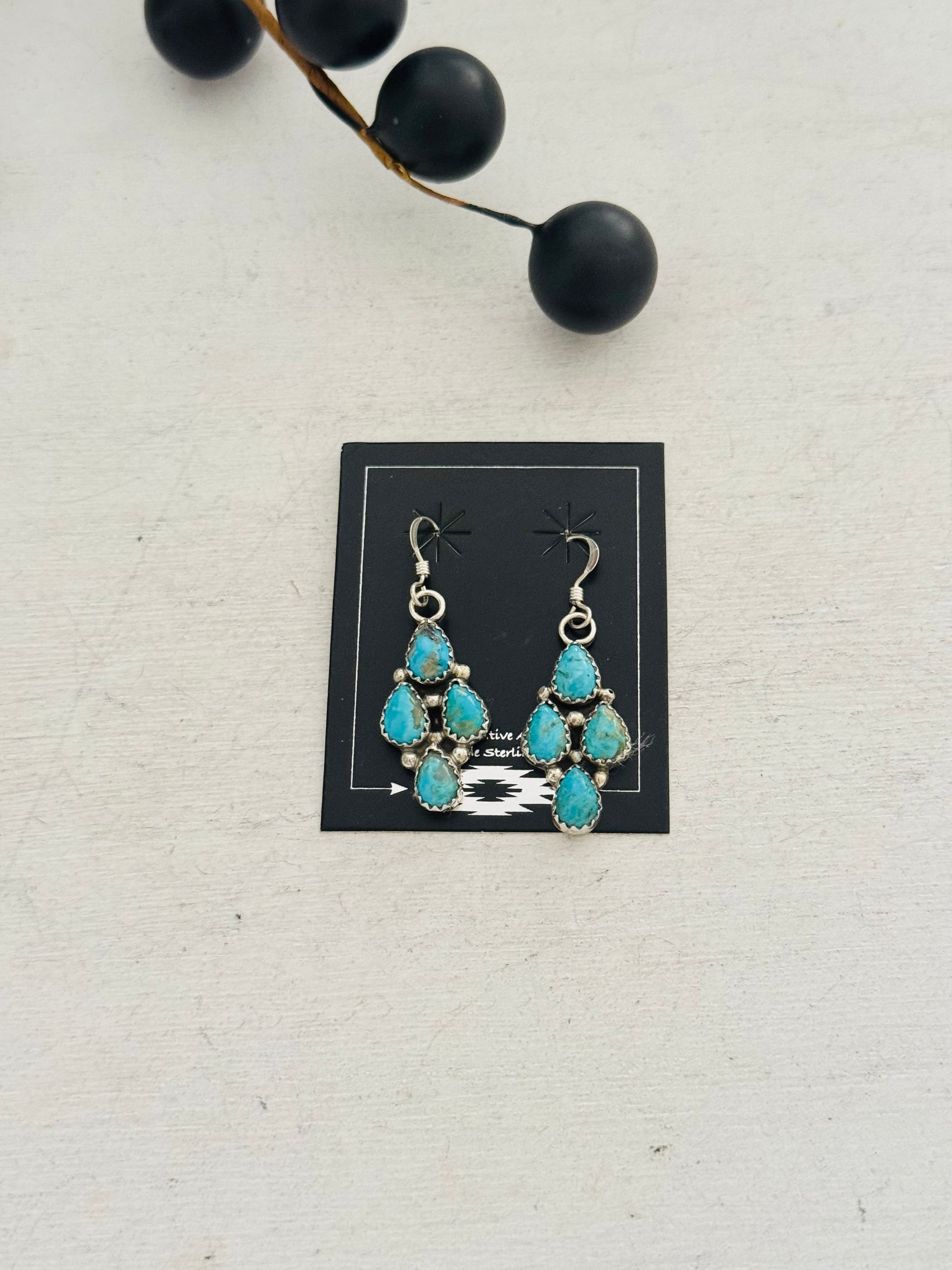 Pearline Spencer Kingman Turquoise & Sterling Silver Cluster Dangle Earrings