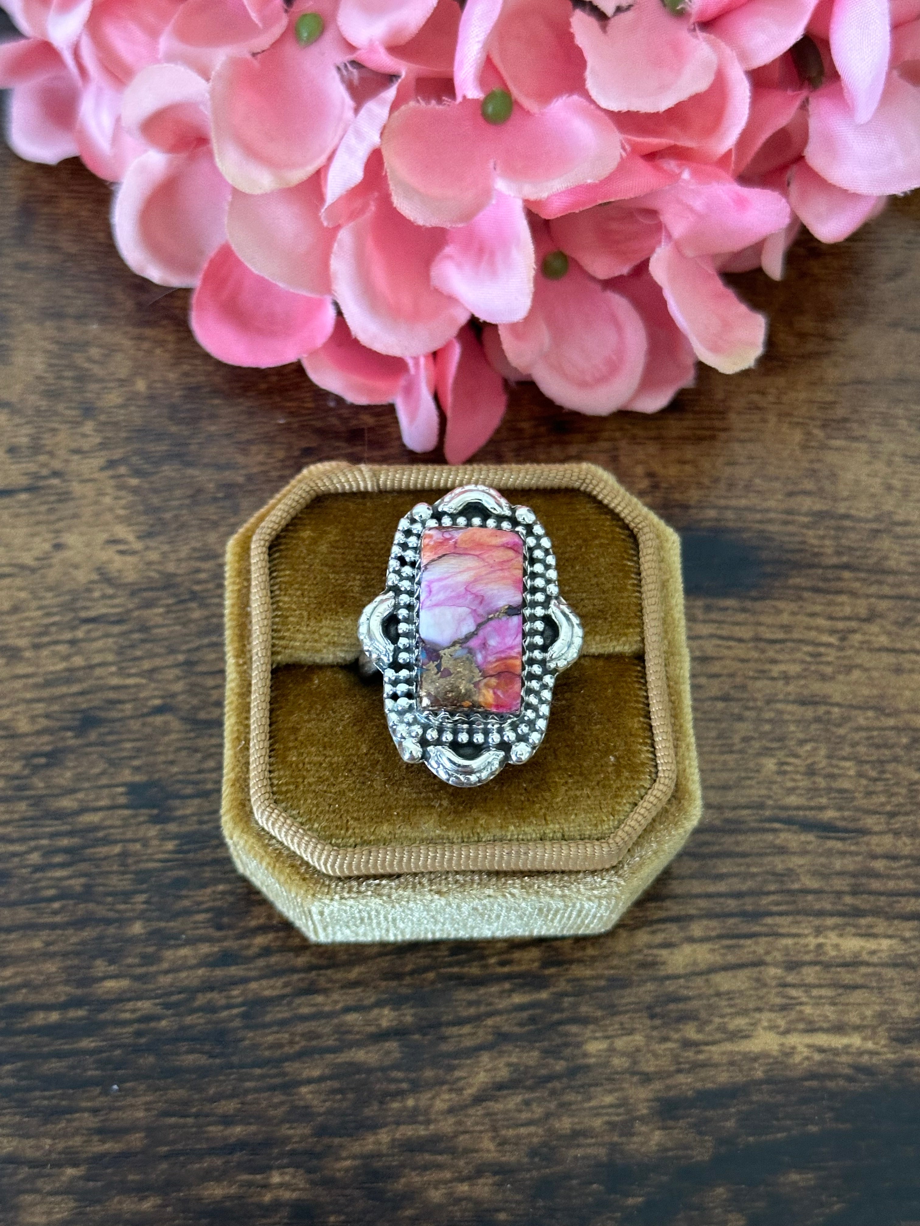 Southwest Handmade Pink Mohave Turquoise & Sterling Silver Ring Size 8.25