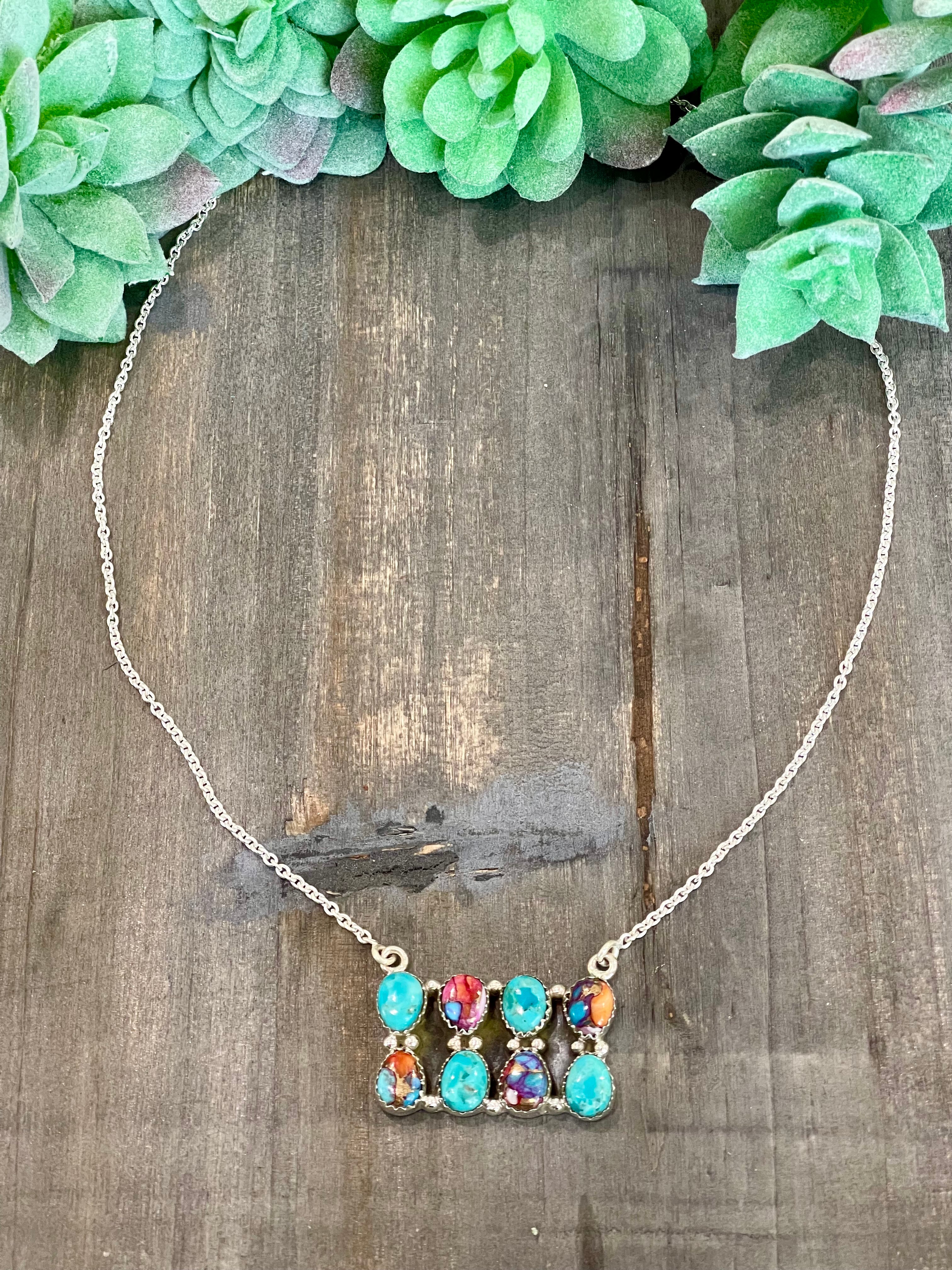 Southwest Handmade Multi Stone & Sterling Silver Cluster Bar Necklace