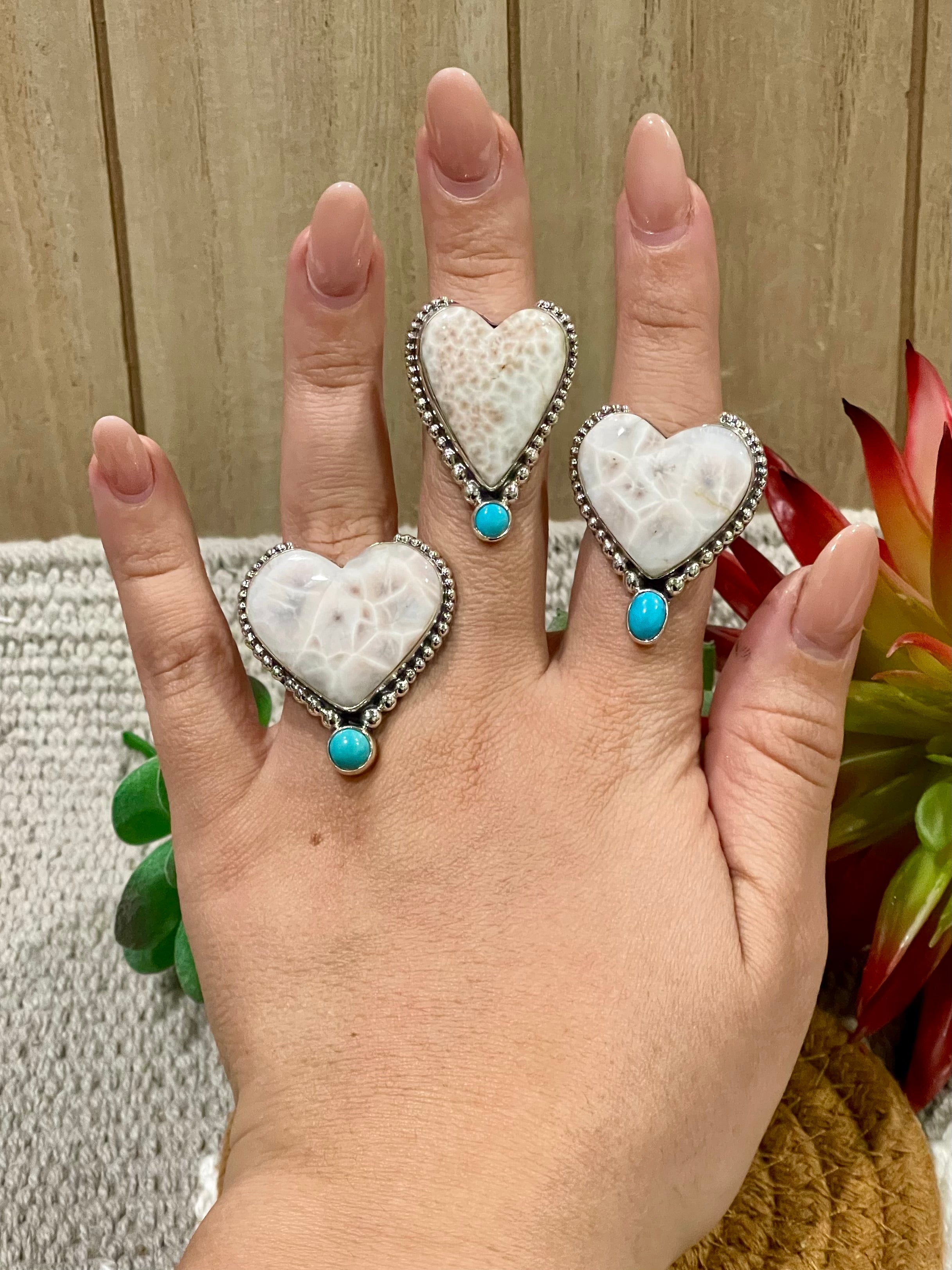 Southwest Handmade Pink Larimar With Kingman Turquoise & Sterling Silver Adjustable Ring