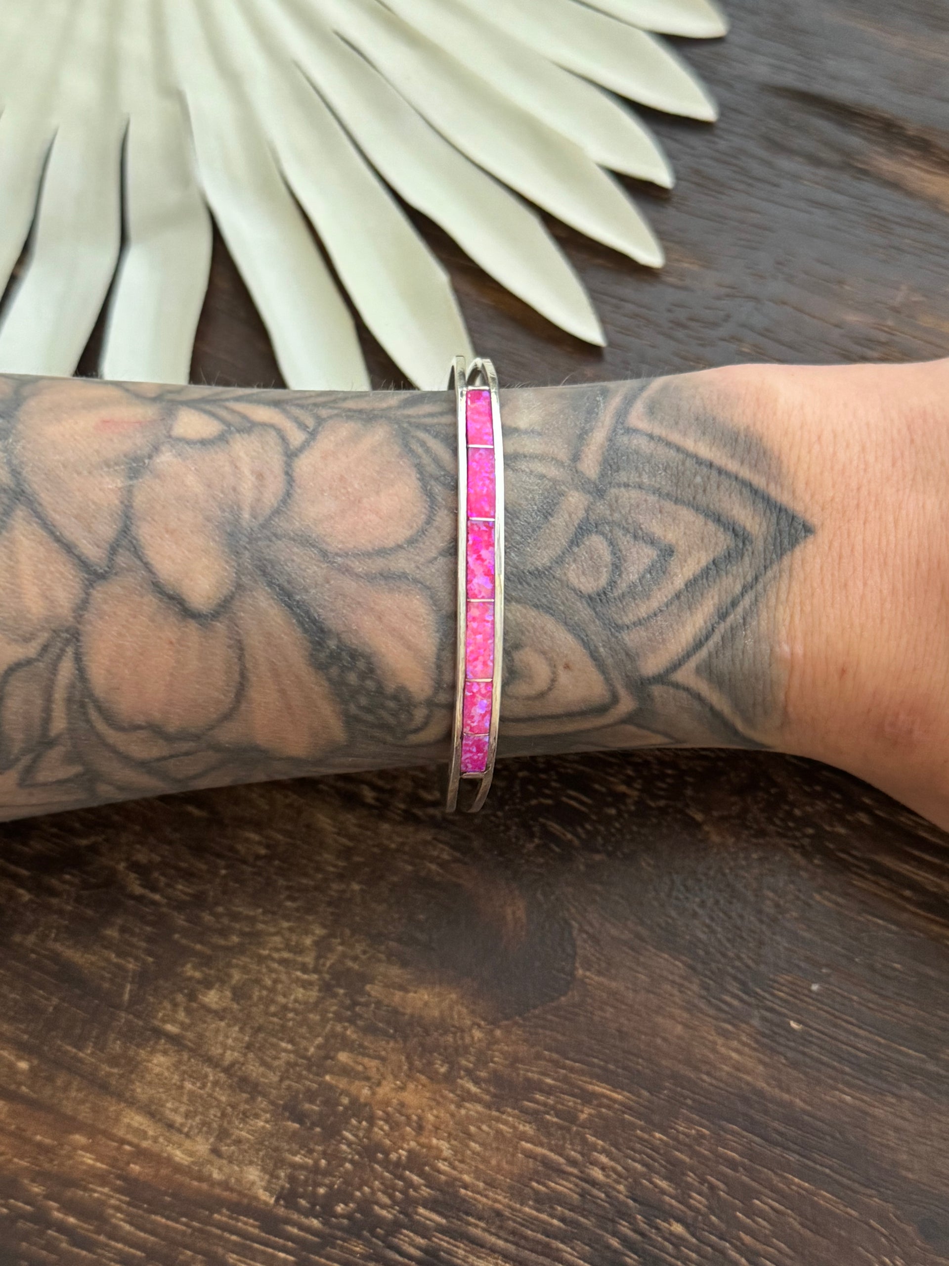 Navajo Made Pink Opal (Man-Made) & Sterling Silver Cuff Bracelet