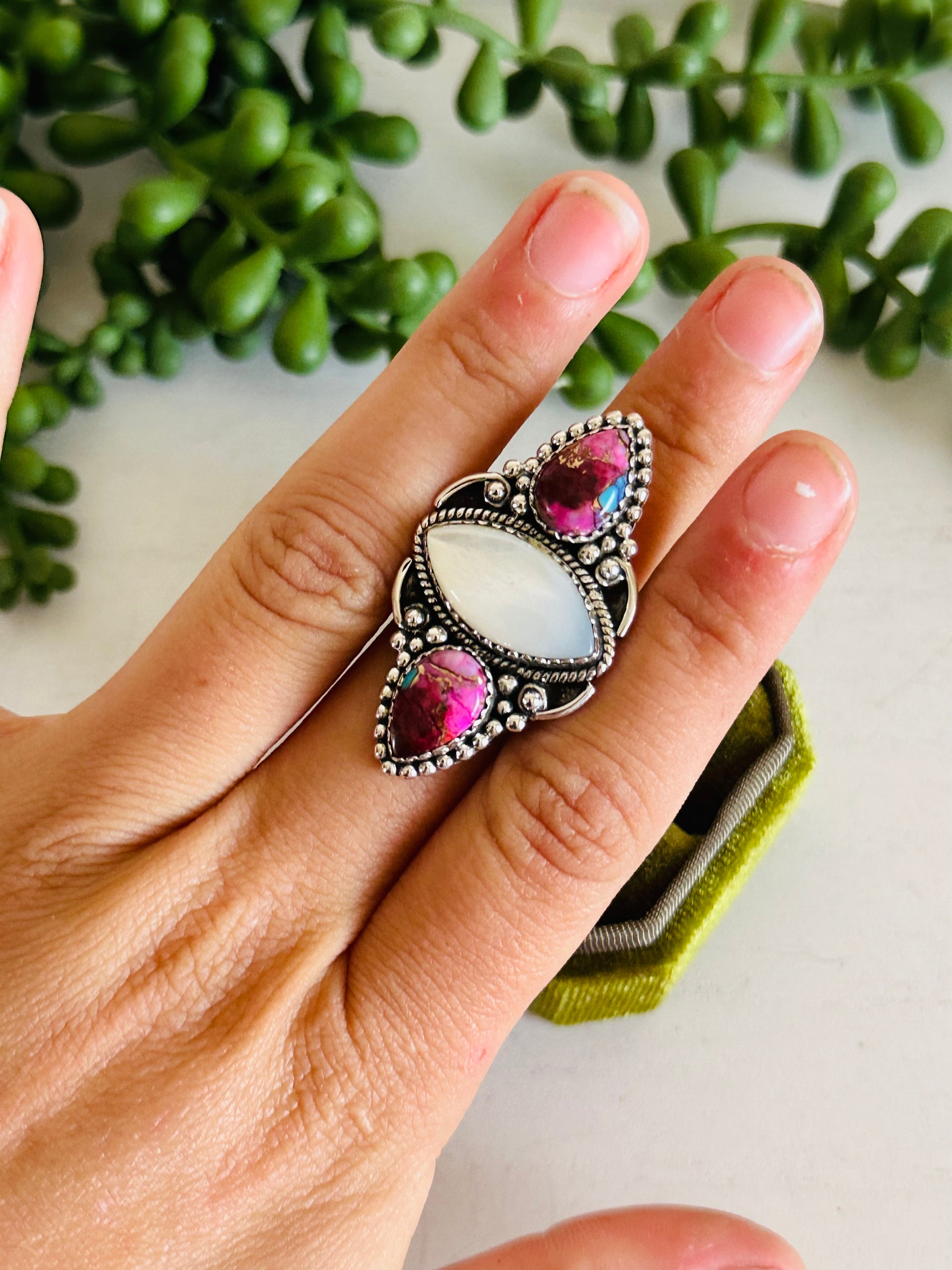 Southwest Handmade Multi Stone & Sterling Silver Adjustable Cluster Ring