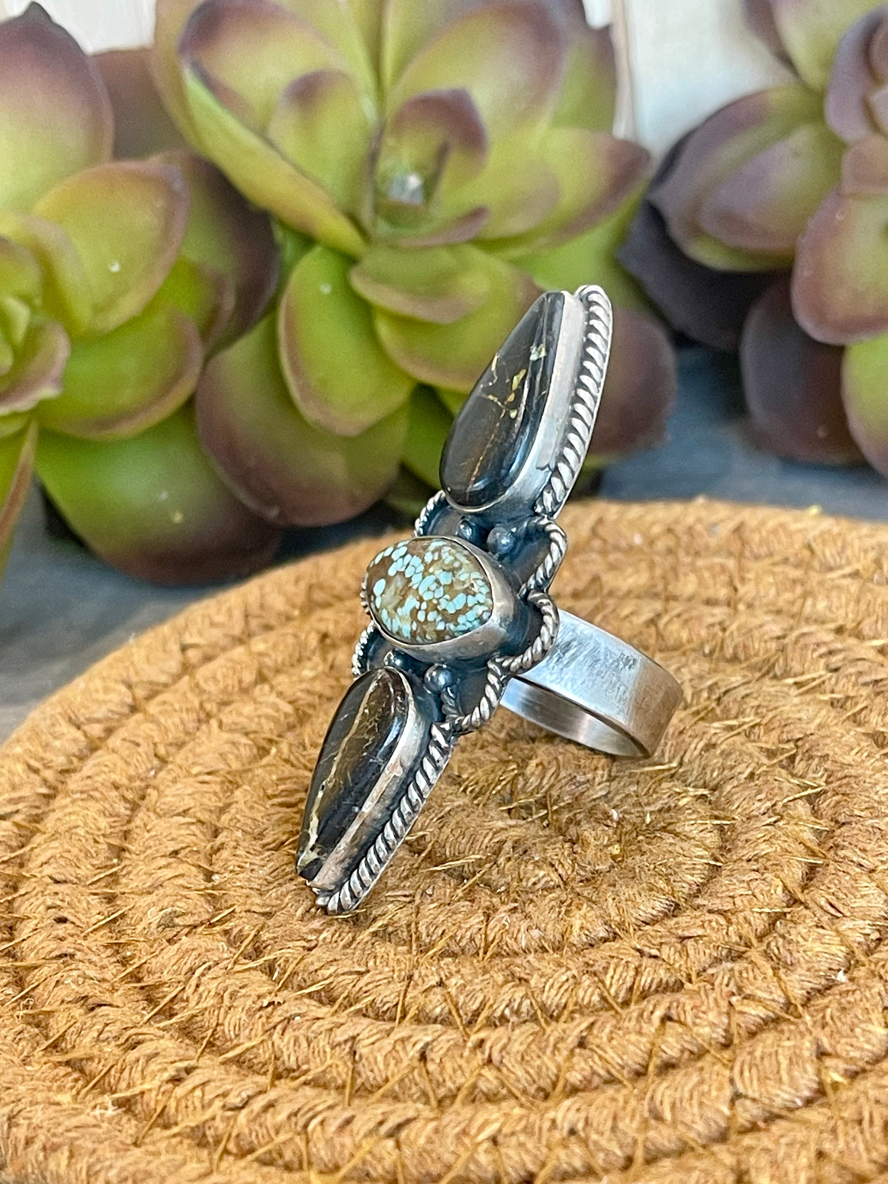 Southwest Handmade Black Jack And Number 8 Turquoise & Sterling Silver Adjustable Ring