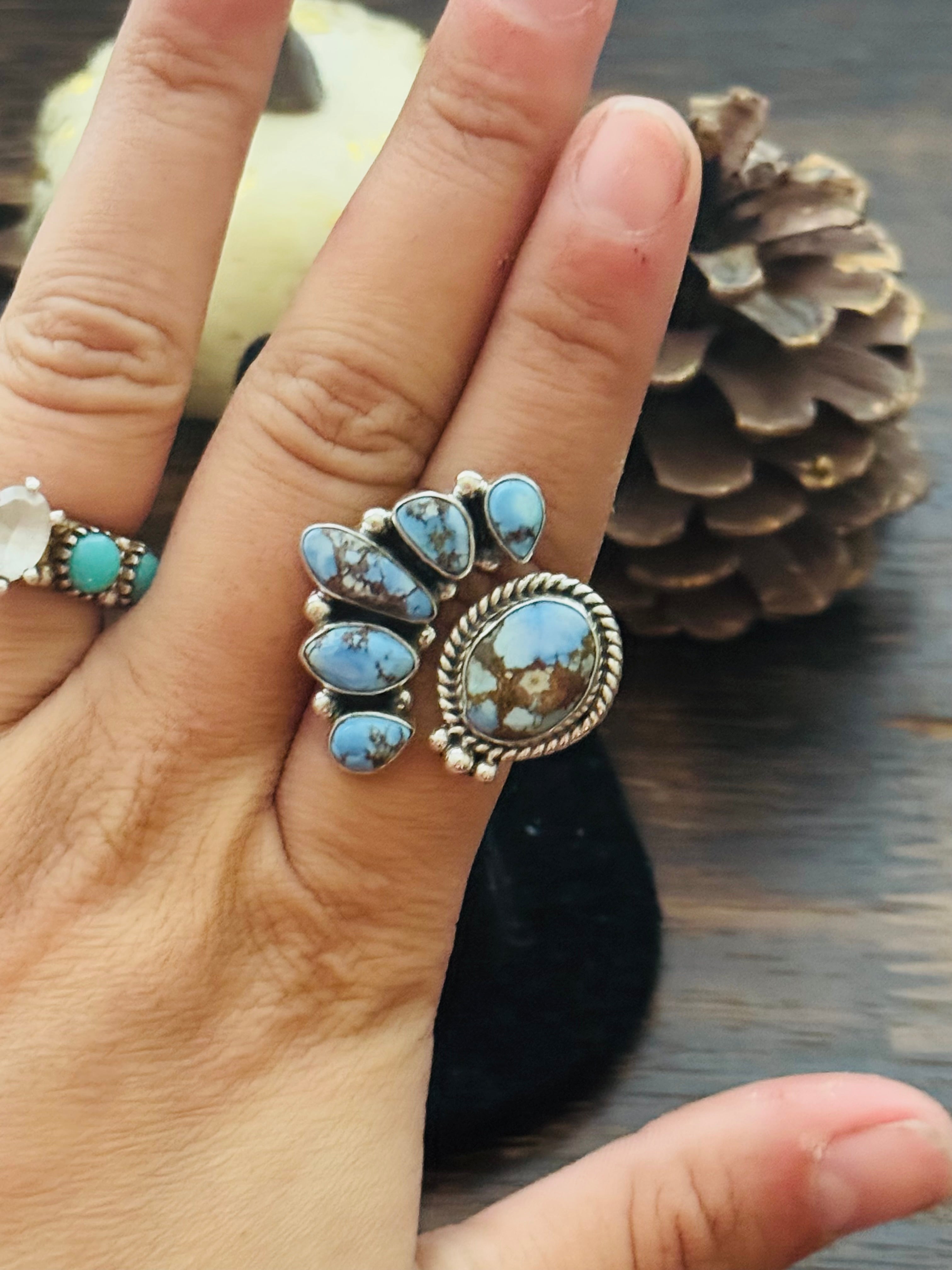 Southwest Handmade Golden Hills Turquoise & Sterling Silver Adjustable Cluster Ring