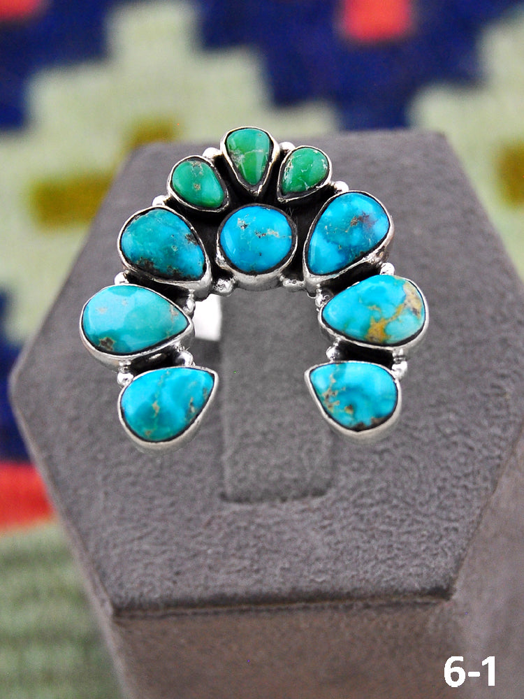 Southwest Handmade Emerald Valley with White Water & Sterling Silver Adjustable Ring