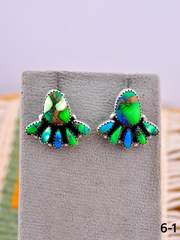 Southwest Made Peacock Dahlia & Sterling Silver Post Earrings