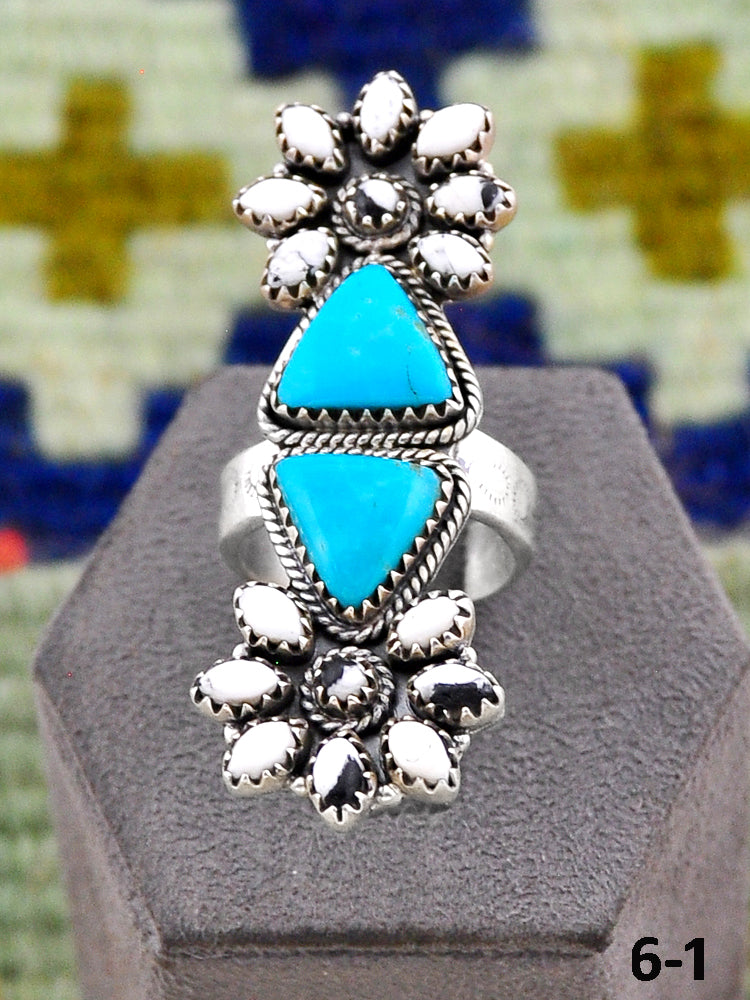 Southwest Handmade Santa Maria Turquoise with White Buffalo & Sterling Silver Adjustable Ring