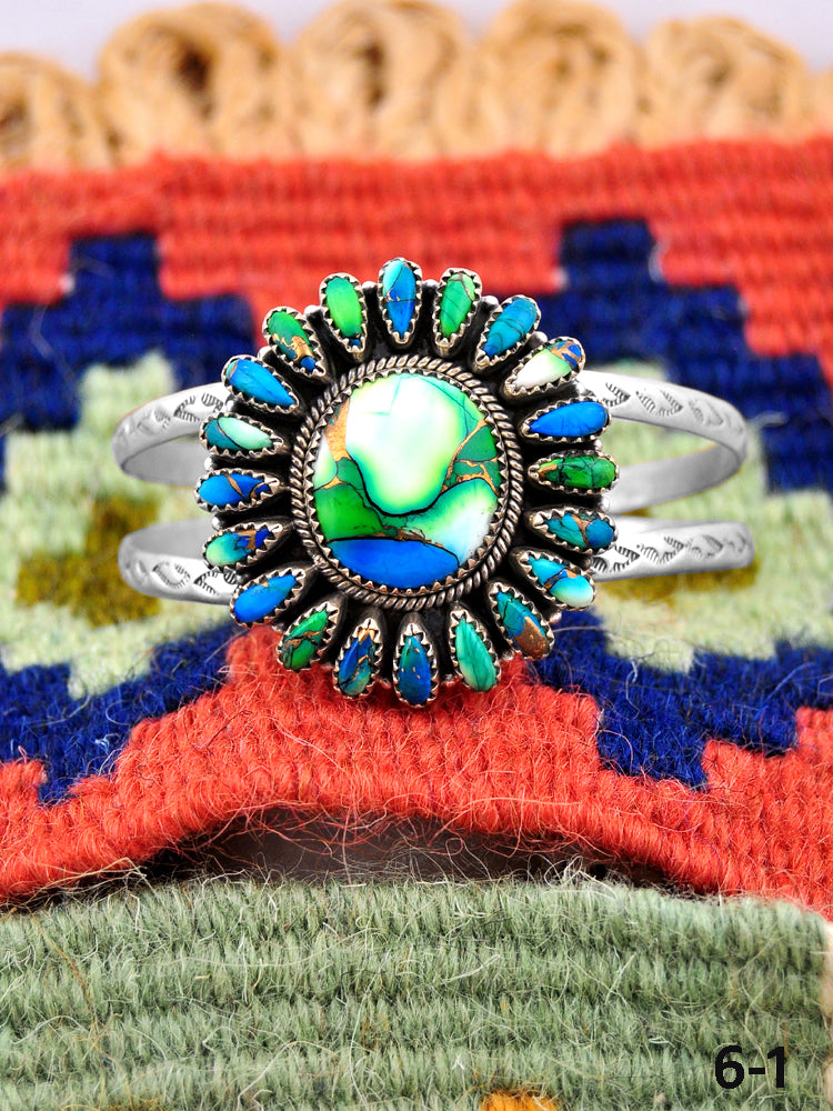 Southwest Handmade Peacock Dahlia & Sterling Silver Cuff Bracelet