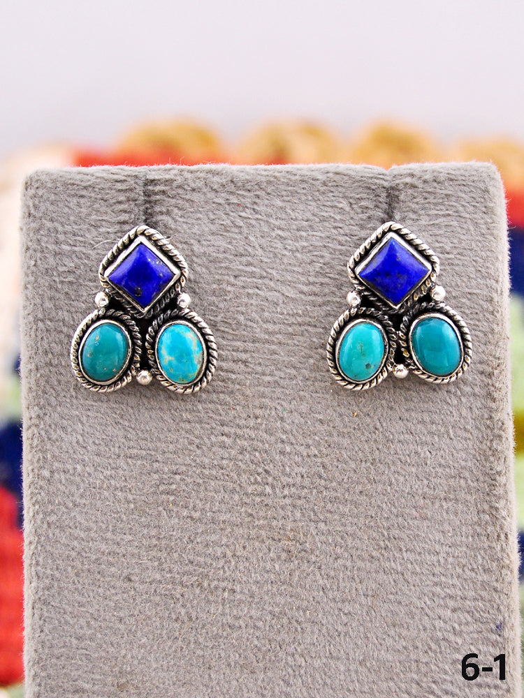 Southwest Made Lapis Lazuli with Kingman Turquoise & Sterling Silver Post Earrings