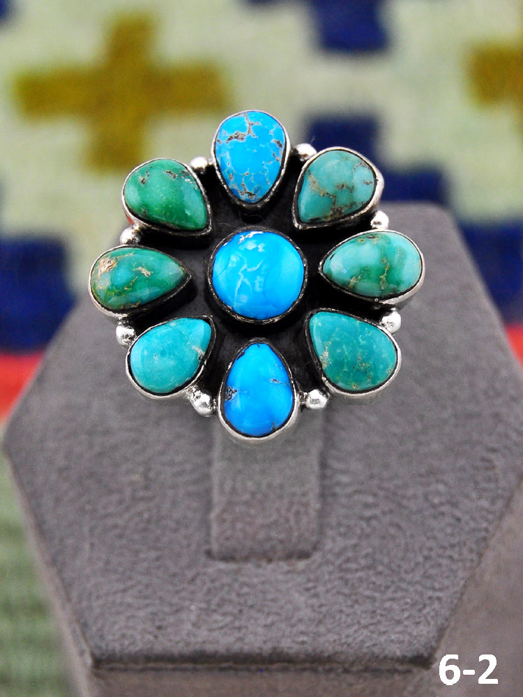 Southwest Handmade Emerald Valley with White Water & Sterling Silver Adjustable Ring