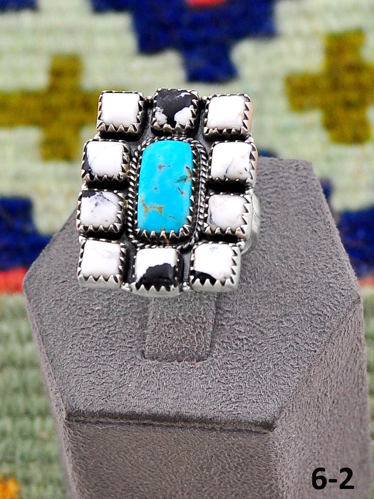 Southwest Handmade Santa Maria Turquoise with White Buffalo & Sterling Silver Adjustable Ring