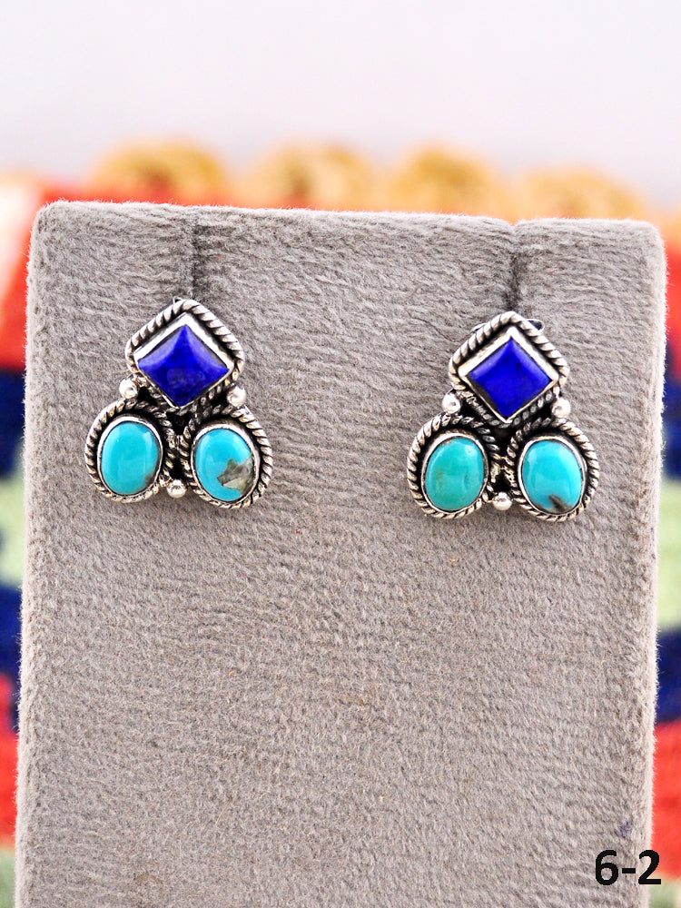 Southwest Made Lapis Lazuli with Kingman Turquoise & Sterling Silver Post Earrings