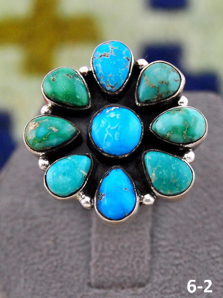Southwest Handmade Emerald Valley with White Water & Sterling Silver Adjustable Ring